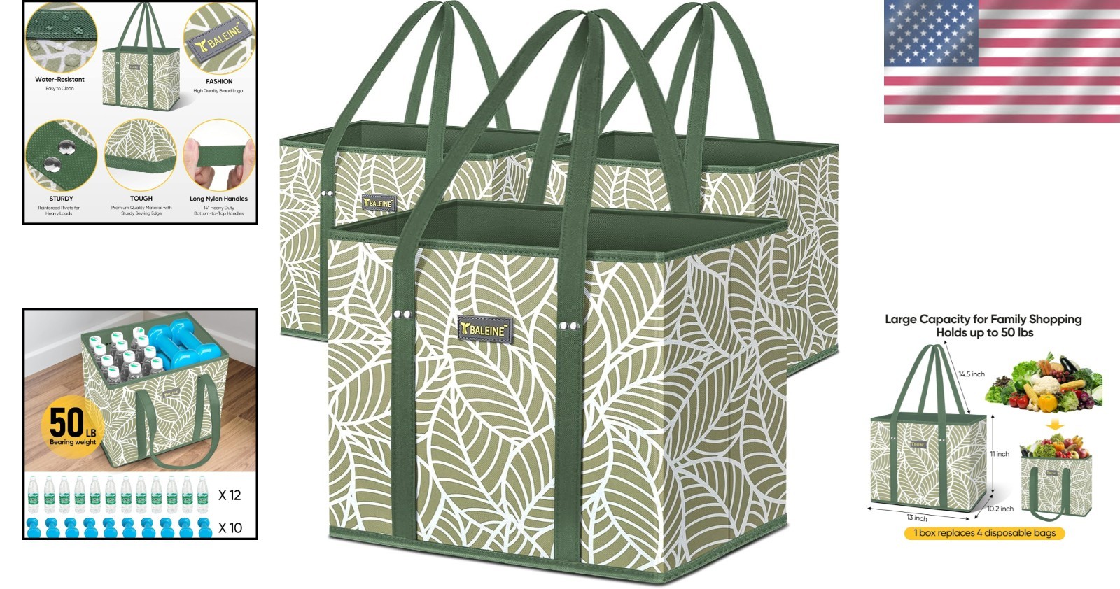 Antique Foliage 3Pk Water-Resistant Reusable Grocery Bags – Strong & Sturdy
