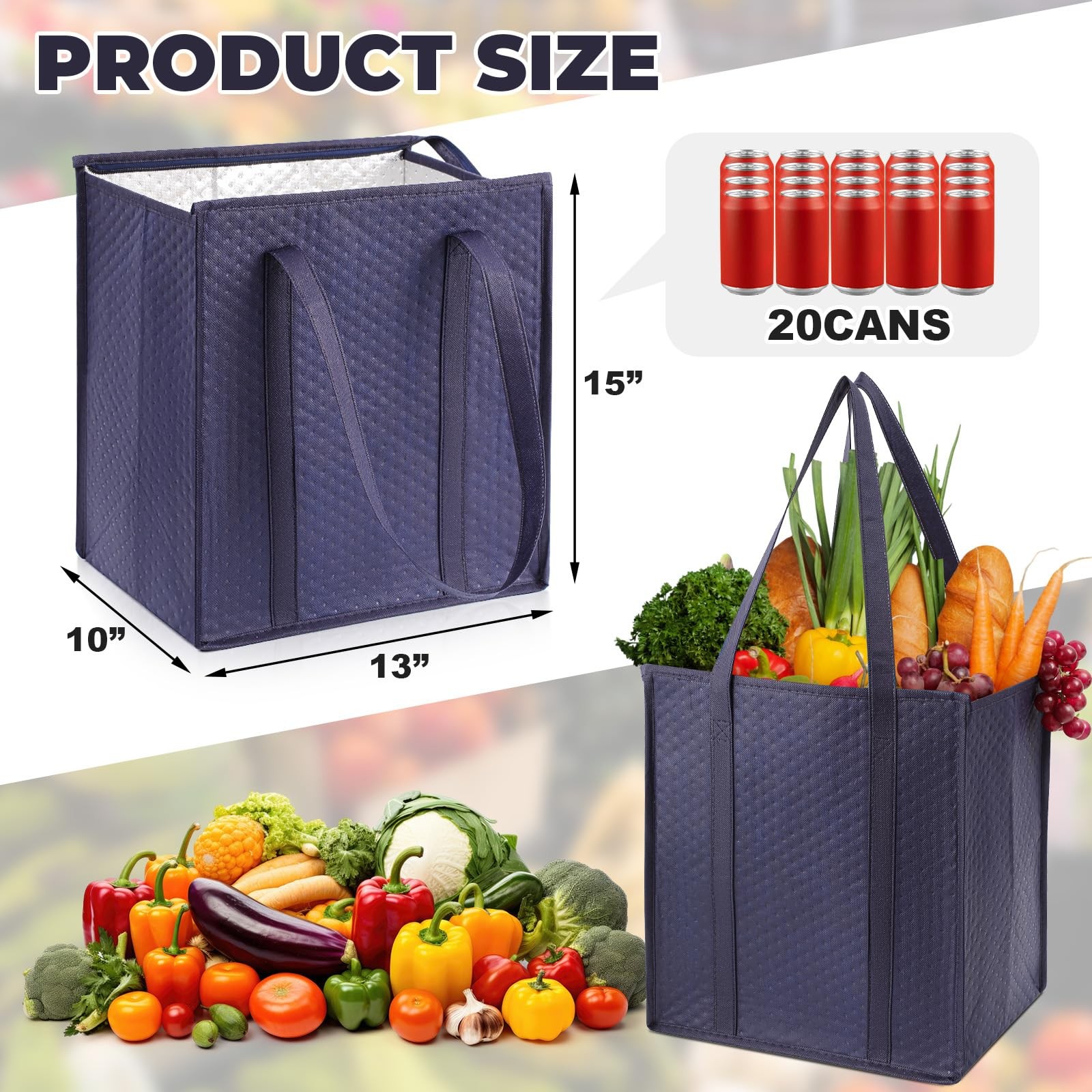 Navy Blue XL-Large Insulated Grocery Bag Zipper Thermal Cooler Tote 3 PCS