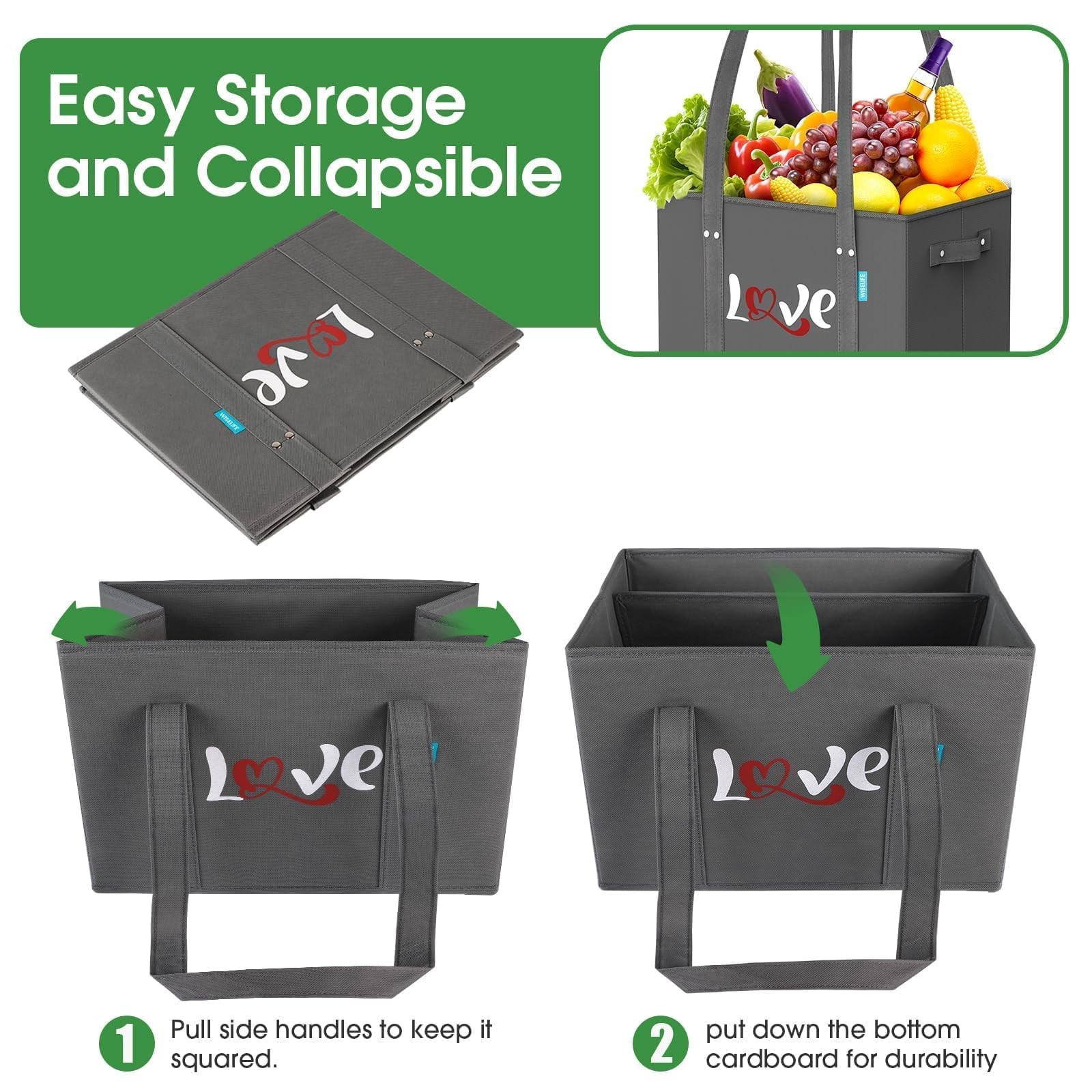 3 PCS Reusable Grocery Bags Heavy Duty Foldable Shopping Tote Reinforced