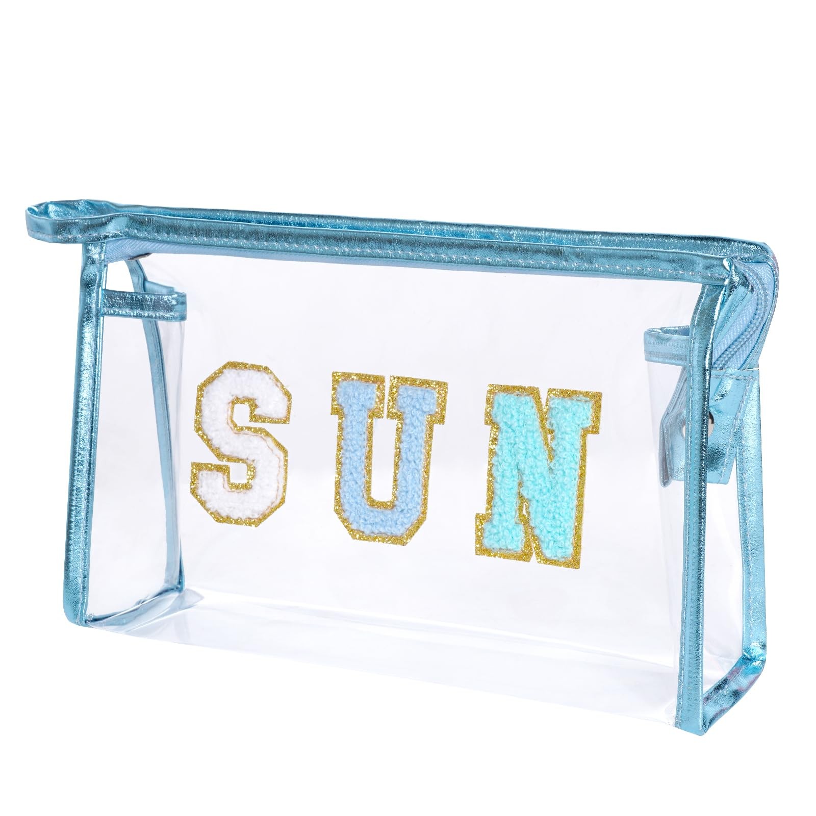Hmxpls Clear Preppy Patch Makeup Bag, Sun Chenille 8.8×5.5×2.7 inches, Blue