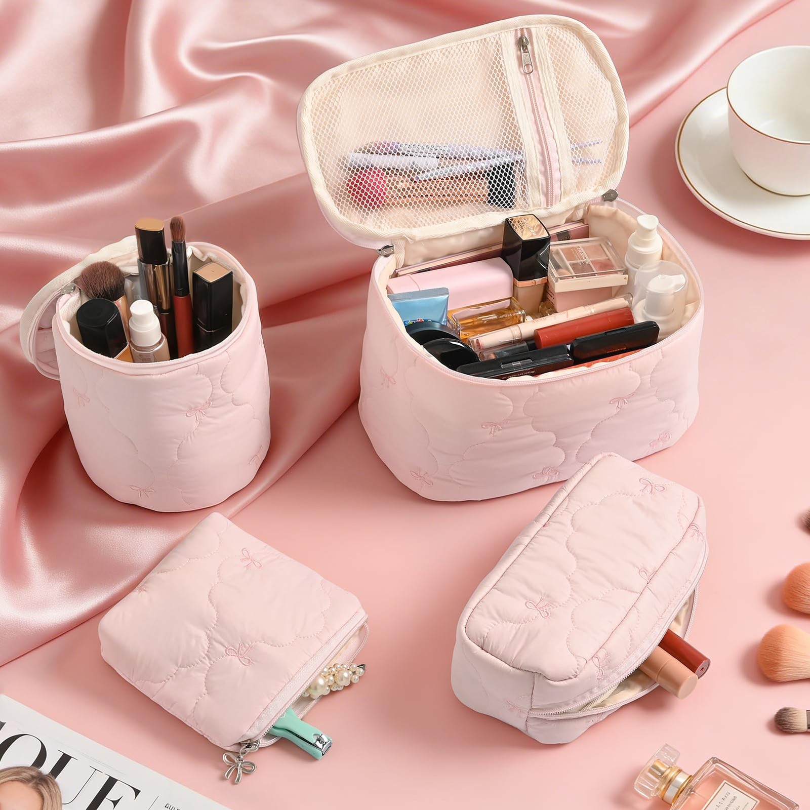 4Pcs Quilted Makeup Bag Set, Cute Bowknot Puffy 10.2 x 5.5 x 6.3 inches, Pink
