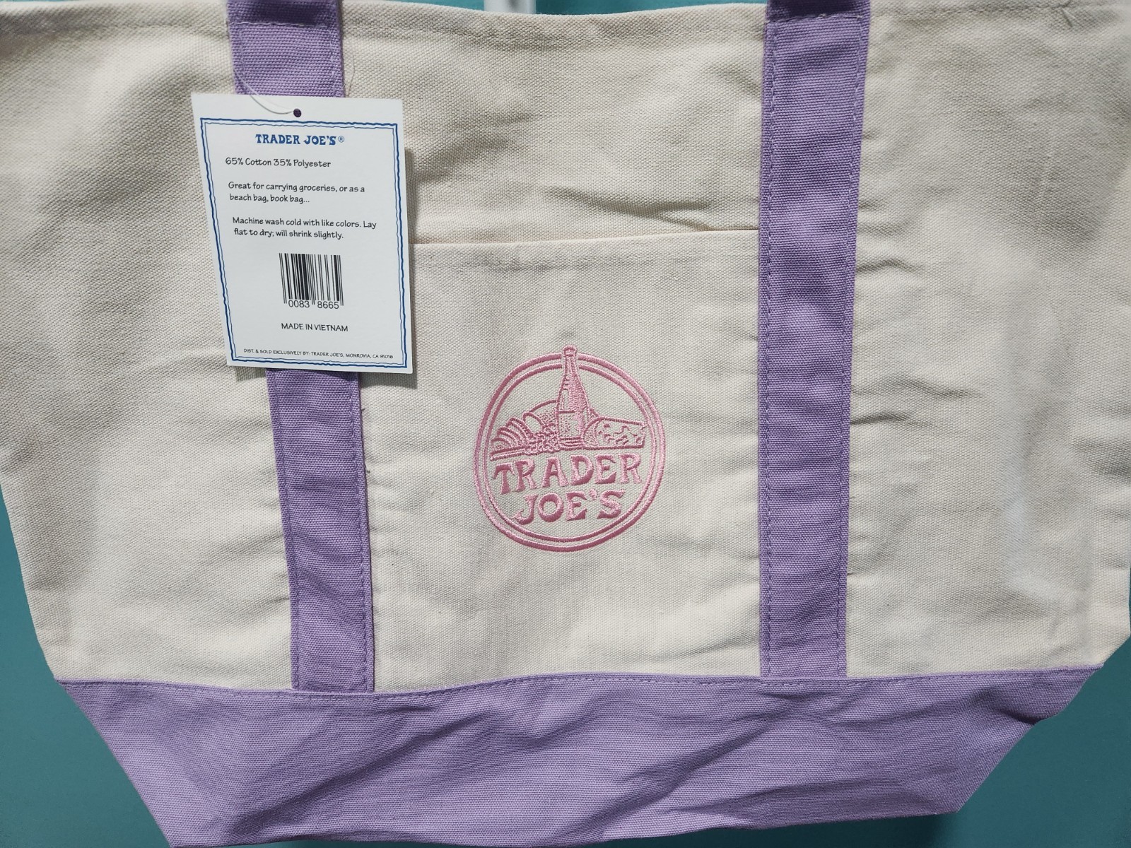 TRADER JOE’S LARGE CANVAS PURPLE NWT TOTE LAVENDER 2026 VIRAL SHOPPING BAG NEW