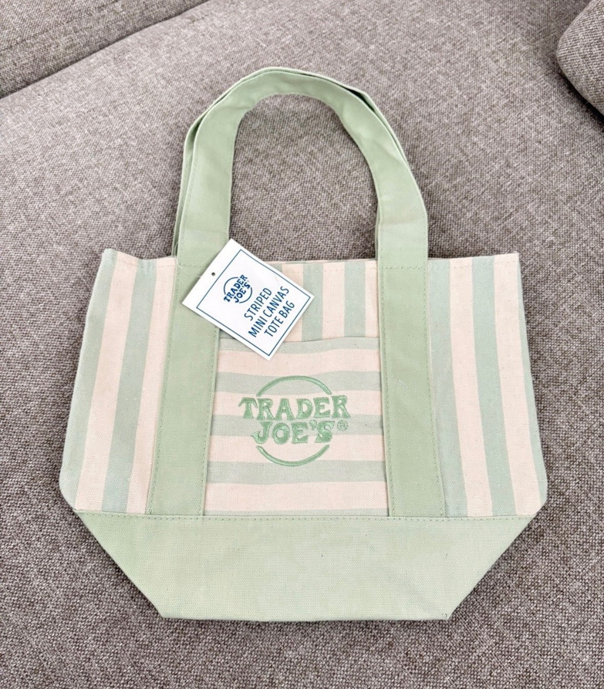 **Authentic** Trader Joe’s Mini Canvas Tote Bag Striped GREEN 13 x 6 x 11 in