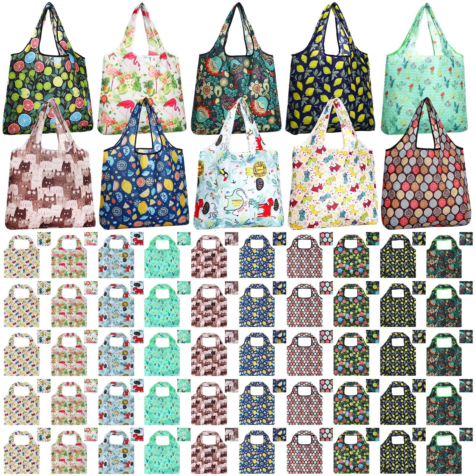 Paterr 50 Pack Reusable Foldable Grocery Bags 10 Patterns Bulk Shopping Totes…