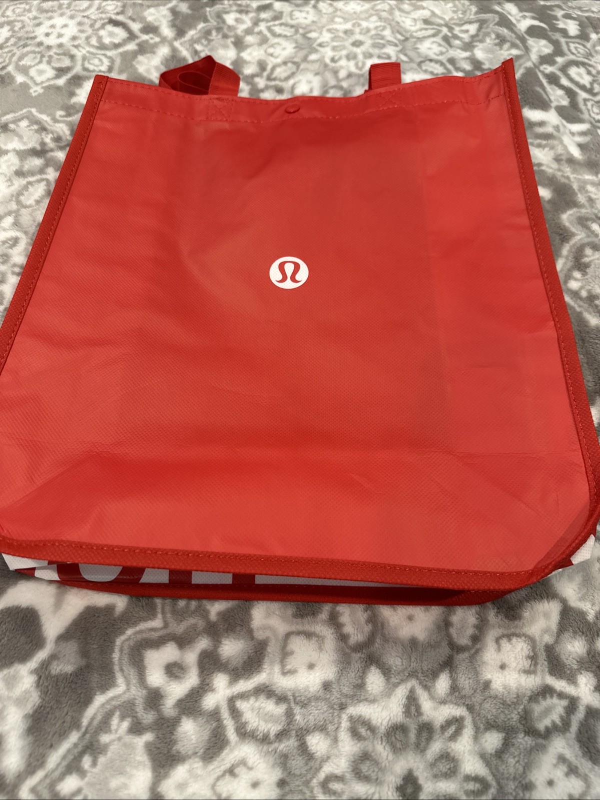 Lululemon Logo Reusable Shopping Bag Red White Sides Tote 14”x16” W/Snap New