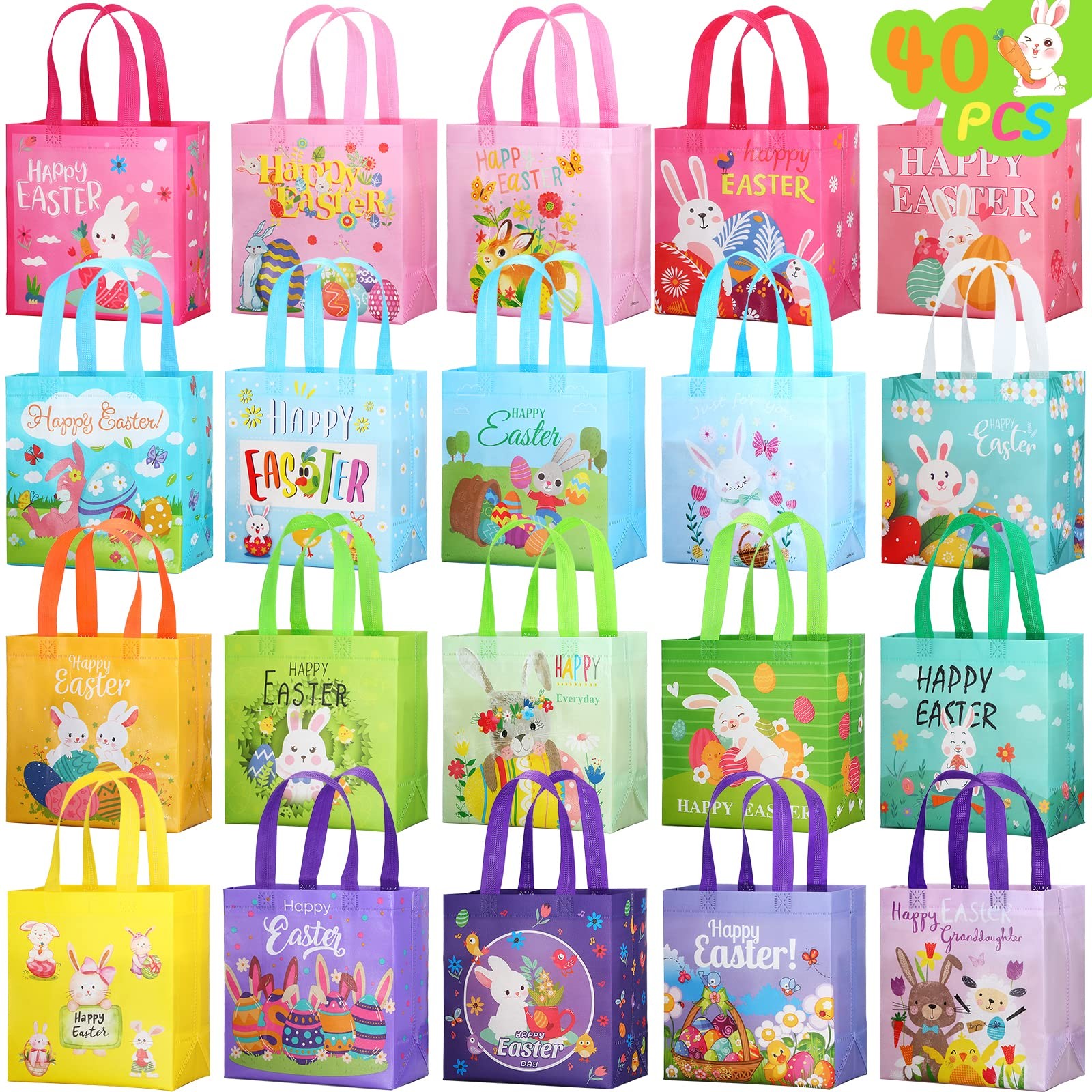 40 Pieces Easter Tote Bags with Handles Bunny Non Woven Bags Reusable Easter …