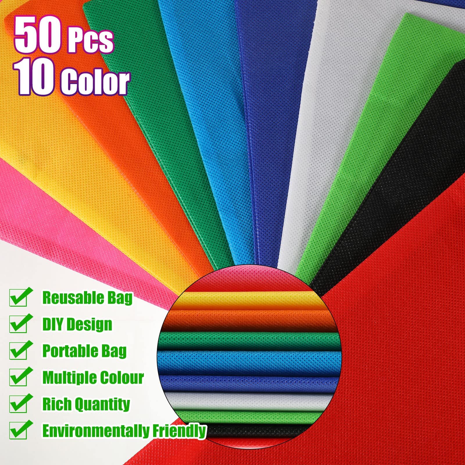50 Pack Non Woven Bags with Handles 13 x 15 Inch Reusable Tote Bulk Grocery G…