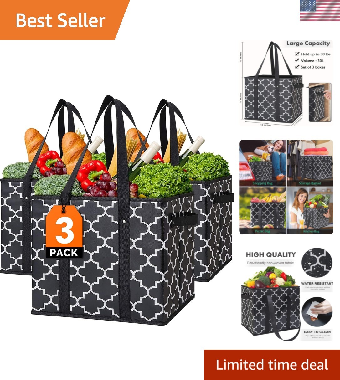 Eco-Friendly 3-Pack Reusable Grocery Bags – Water Resistant & Easy to Clean