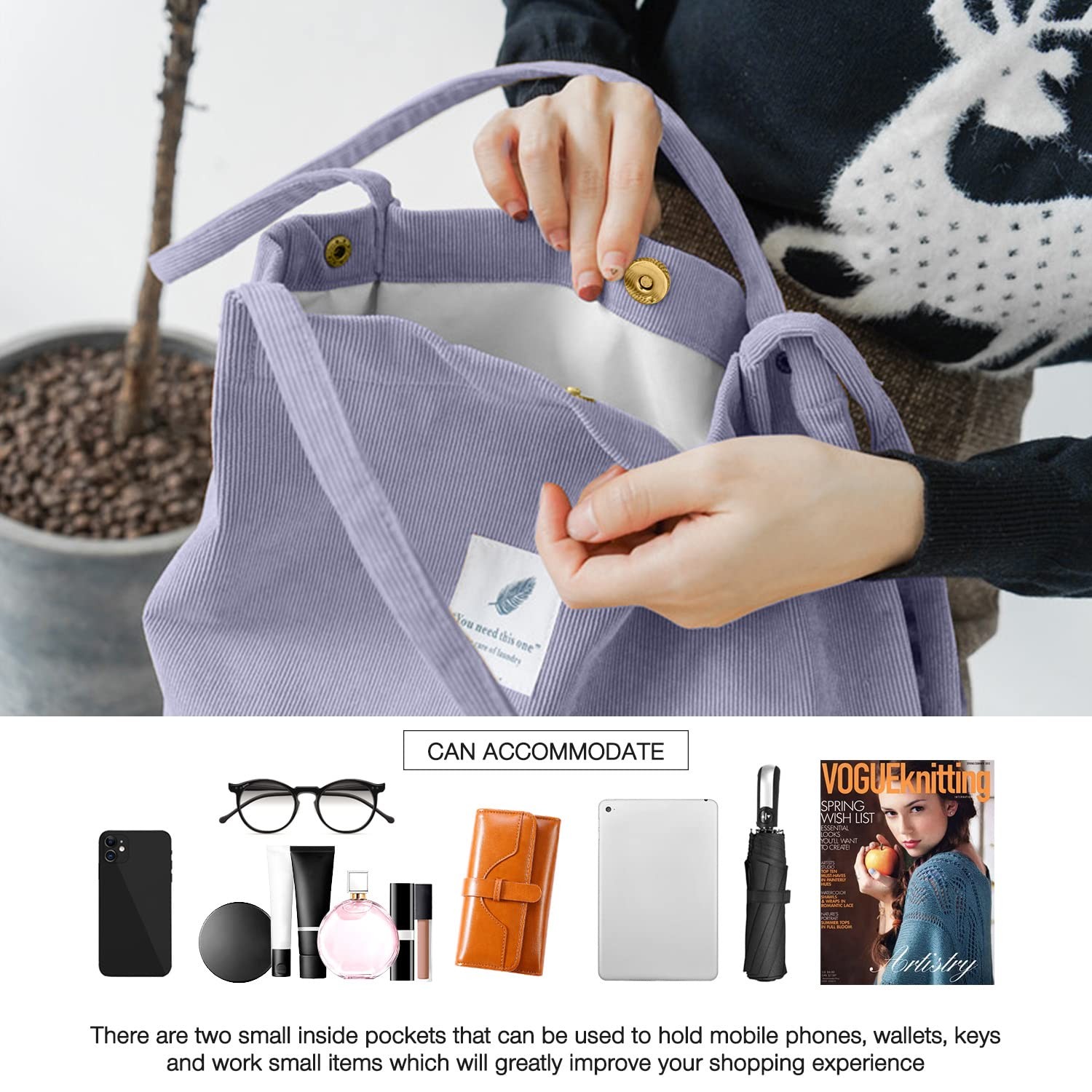 Tote Bags Grocery Shoulder Bag Corduroy with Inner Pocket for Work Beach Lunc…
