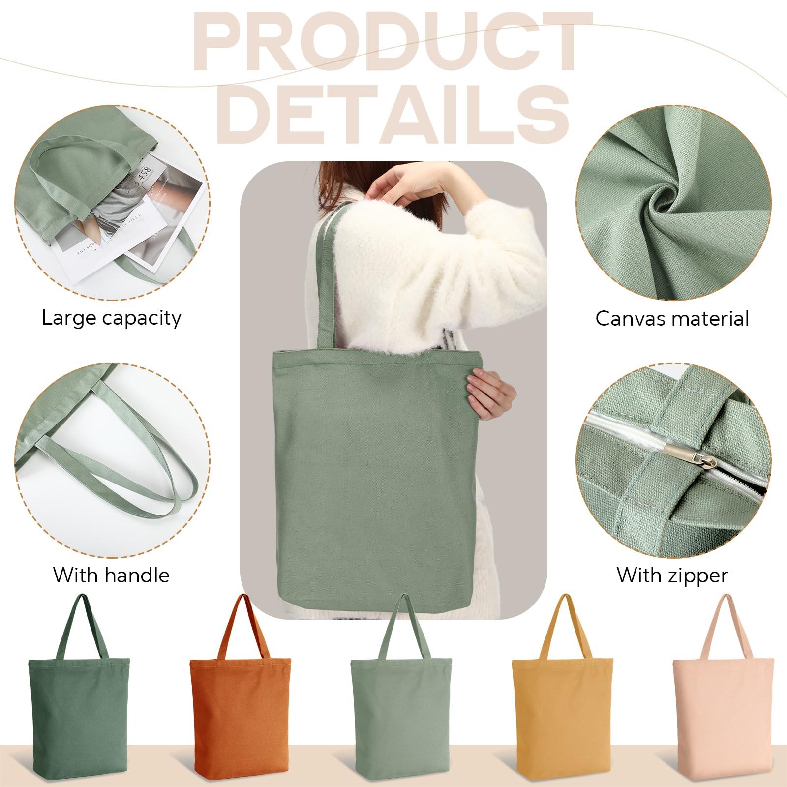 Reginary 5 Pcs Reusable Canvas Grocery Shopping Tote Bag with Zipper Bulk Wed…