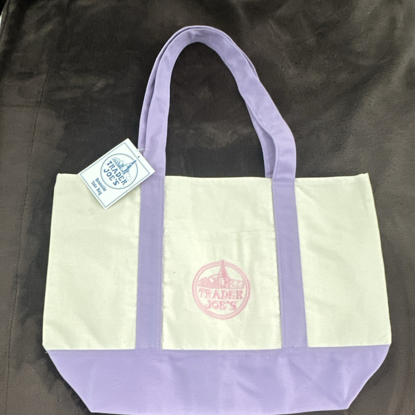Trader Joe’s Large Canvas Tote Bag Purple/Beige 20in x 12in x 15cm