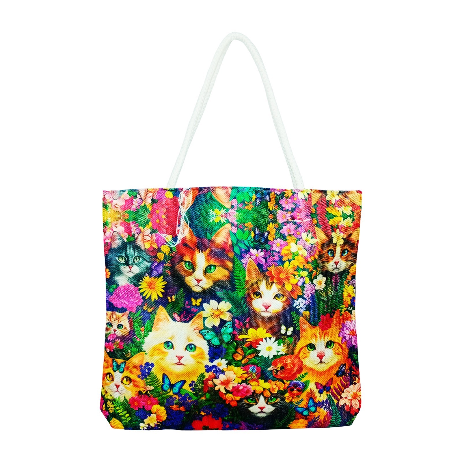 Flower Kitties Jute Tote Bag – 17 x 15 x 4.5 Inch Eco-Friendly Shopping Bag