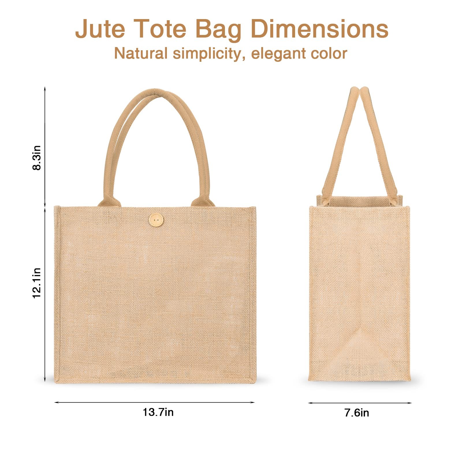 4-Pack Burlap Tote Bags Jute Tote with Handles Button Reusable Shopping