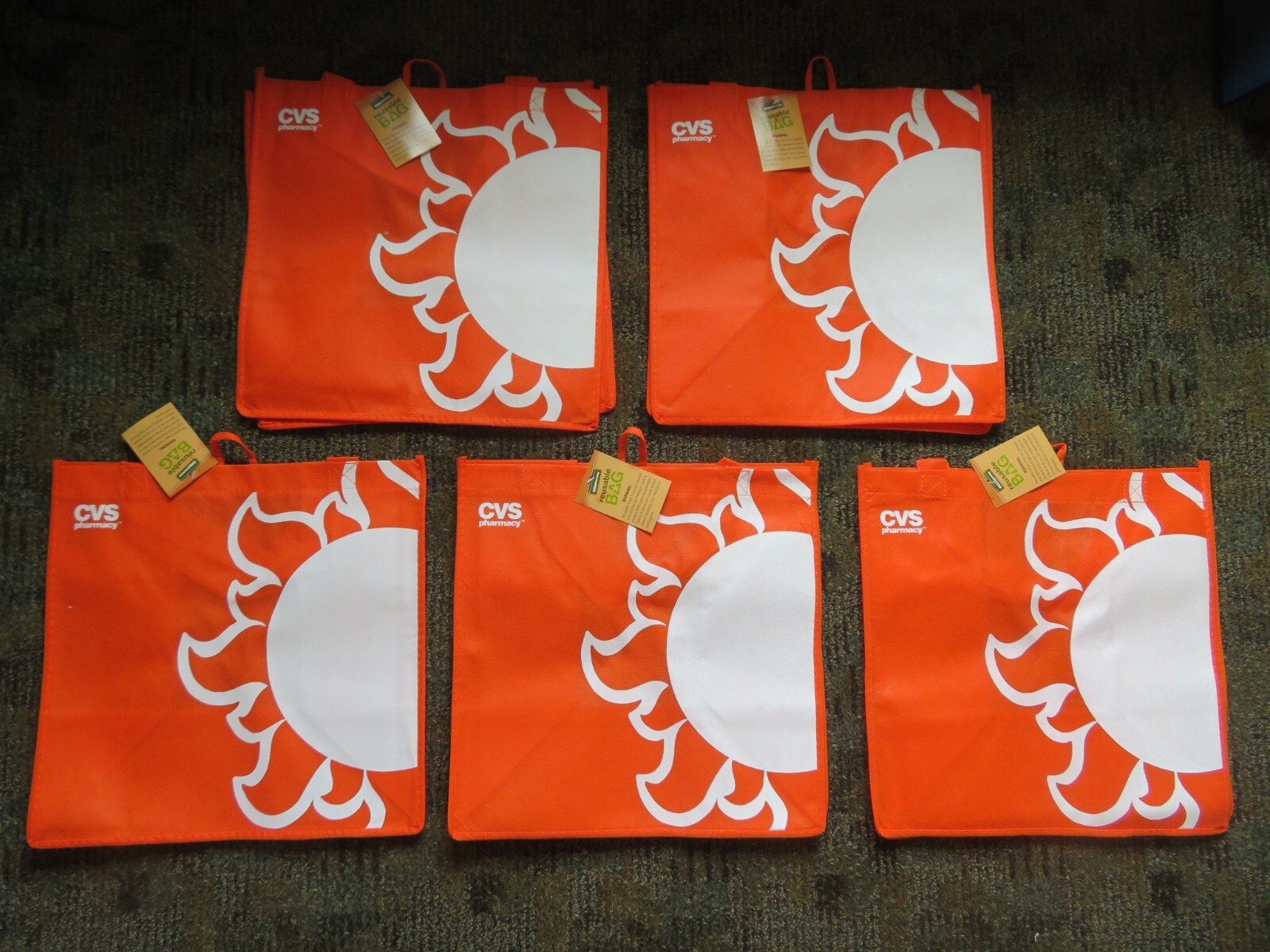 (5) Count Lot CVS Reusable Shopping Bags 13″ x 13″ x 9″ Orange Sunshine Design