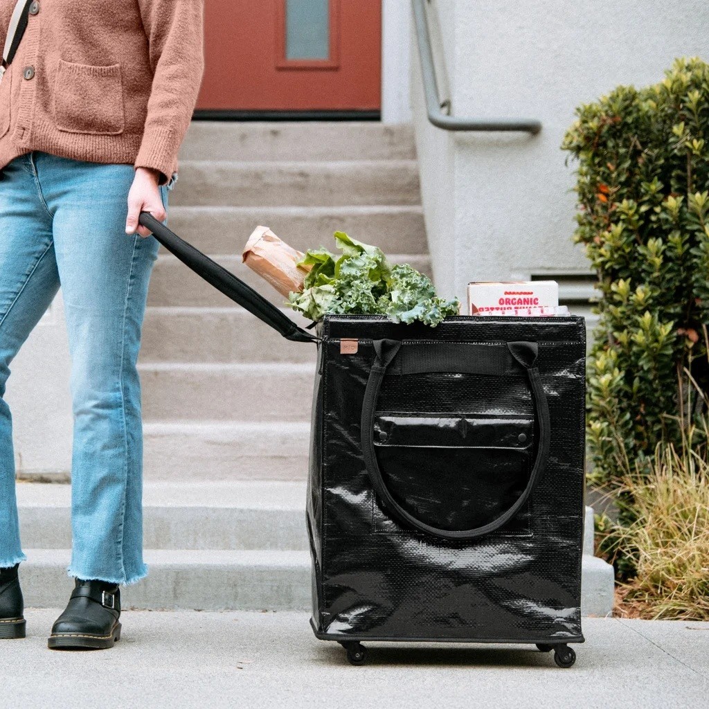 CleverMade Foldable Tote Bag on Wheels Soft Grip Black Capacity: 90L & 75 lbs.