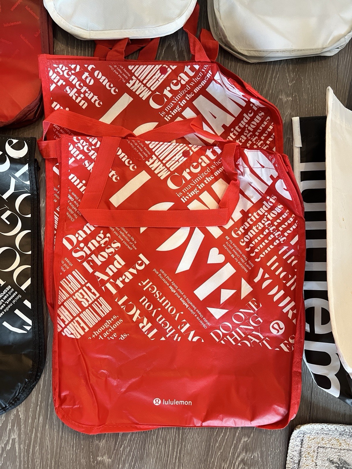lululemon Reusable Shopping Tote Bag Lot, Multicolor Text, 14x6x16 in