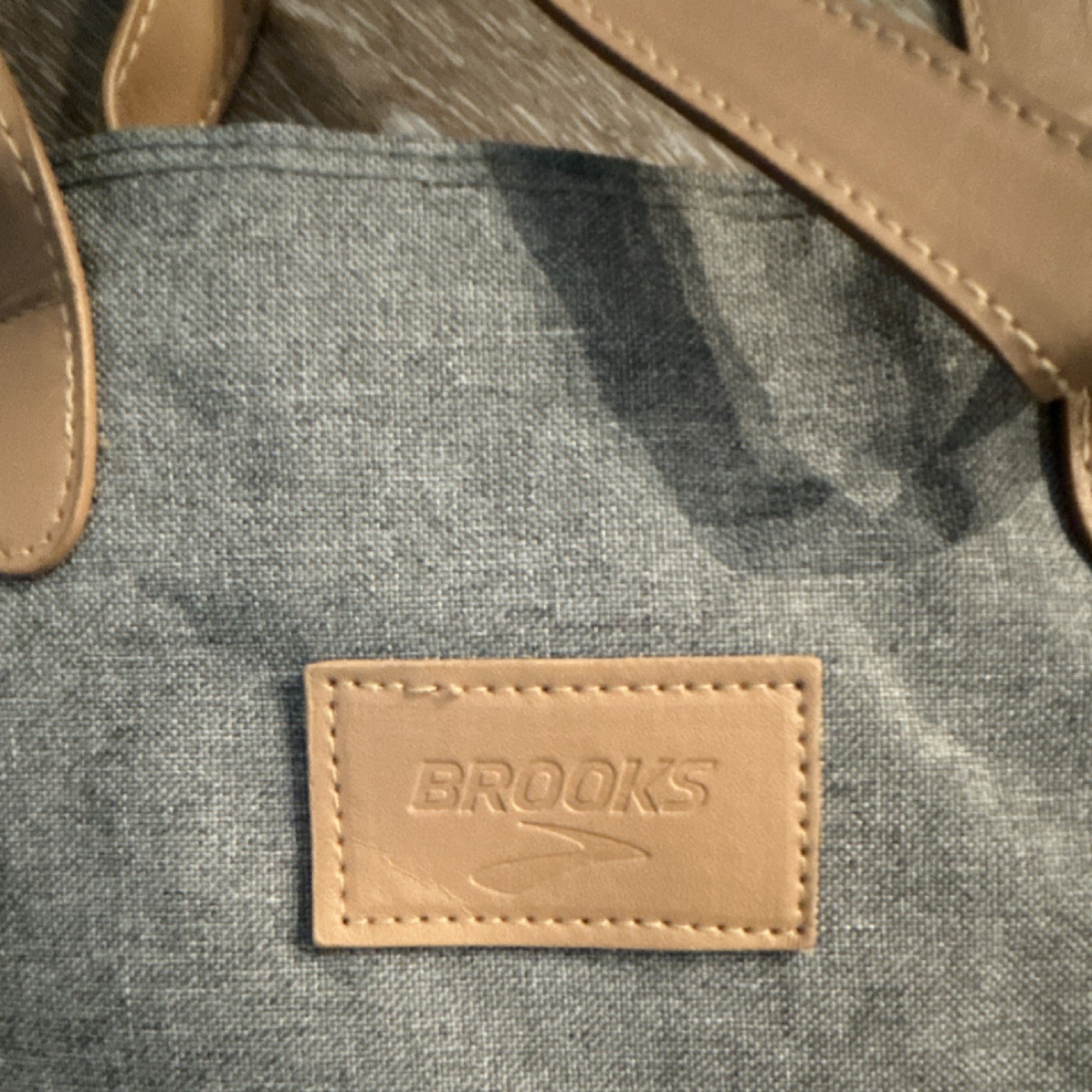 Brooks Gray Canvas Reusable Tote Bag Tan Handles Text 16x12x6 in