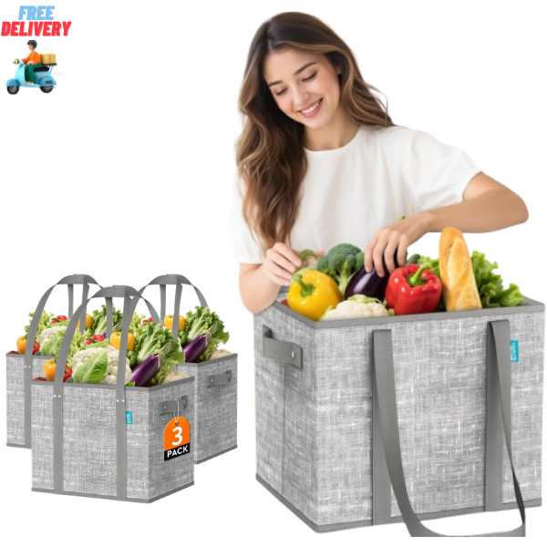 Collapsible Reusable Grocery Bags Heavy-Duty Shopping Tote Box Reinforced Handle