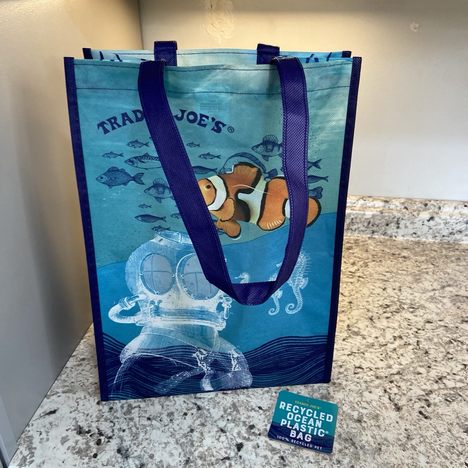 TRADER JOE’S Ocean Clown Fish Tote, Recycled Ocean Plastic, Reusable 16”x 12”