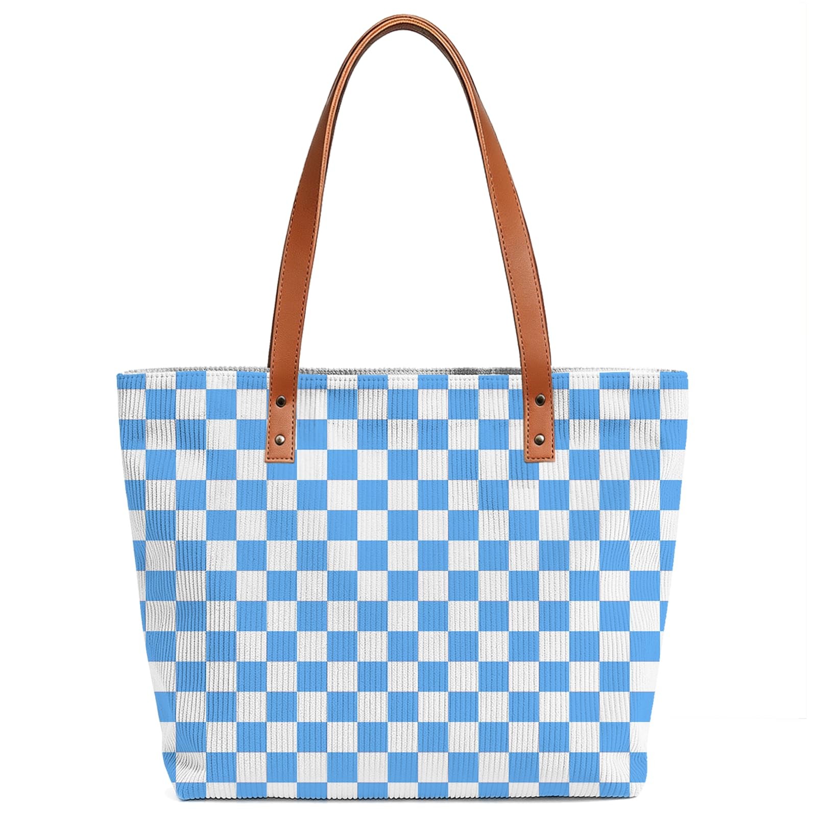 Blue and White Checkered Canvas Tote Bag With Leather Handle for Women Men Bi…