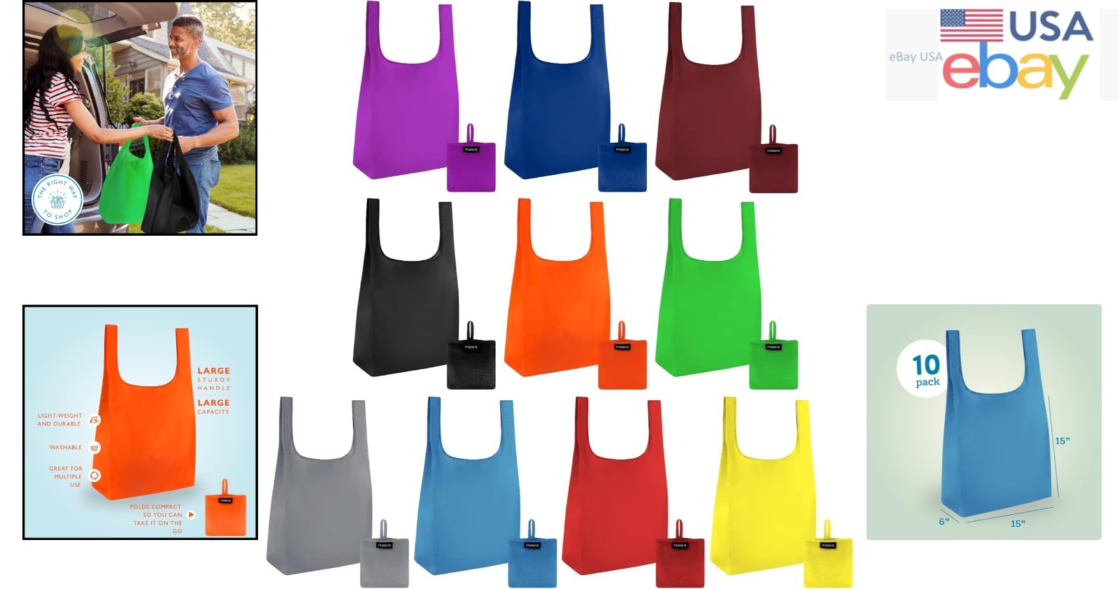 Foldable Reusable Grocery Bags – 10-Pack Lightweight Polyester for Everyday Use