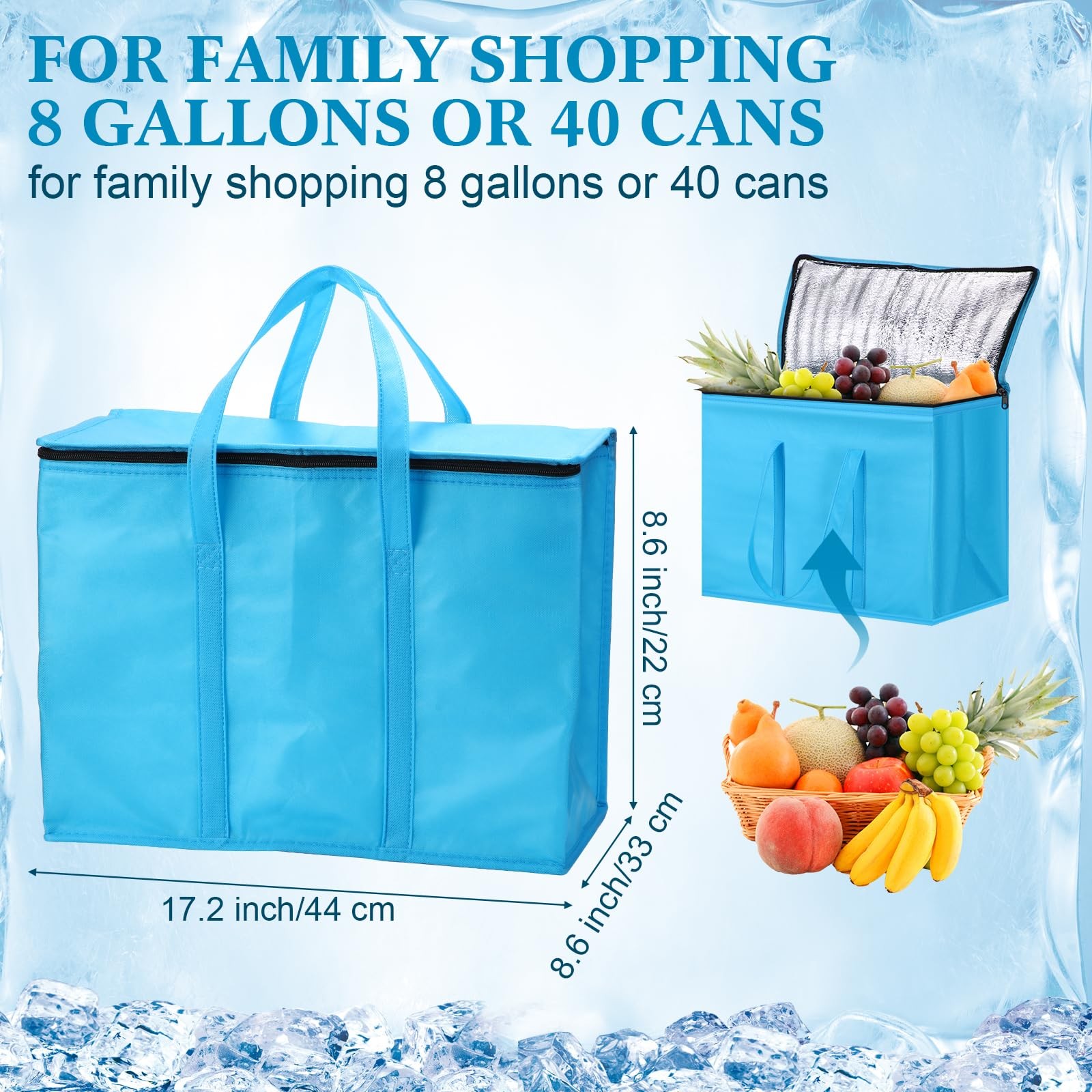 3 PCS Blue XLLarge Insulated Reusable Grocery Bag Foldable Cooler Tote Zip