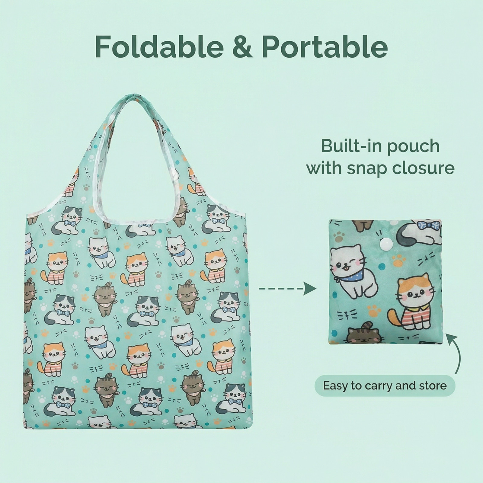 Cute Cat Print Reusable Shopping Bag | Foldable Eco Grocery Tote
