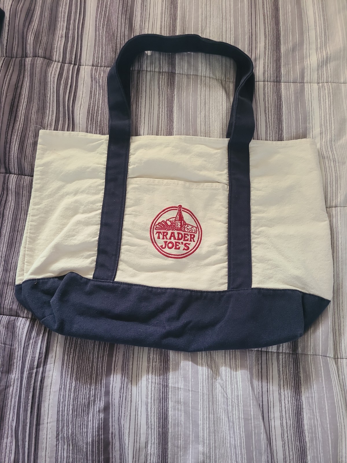 Trader Joe’s Canvas Reusable Shopping Bag Foldable Beige Navy Blue
