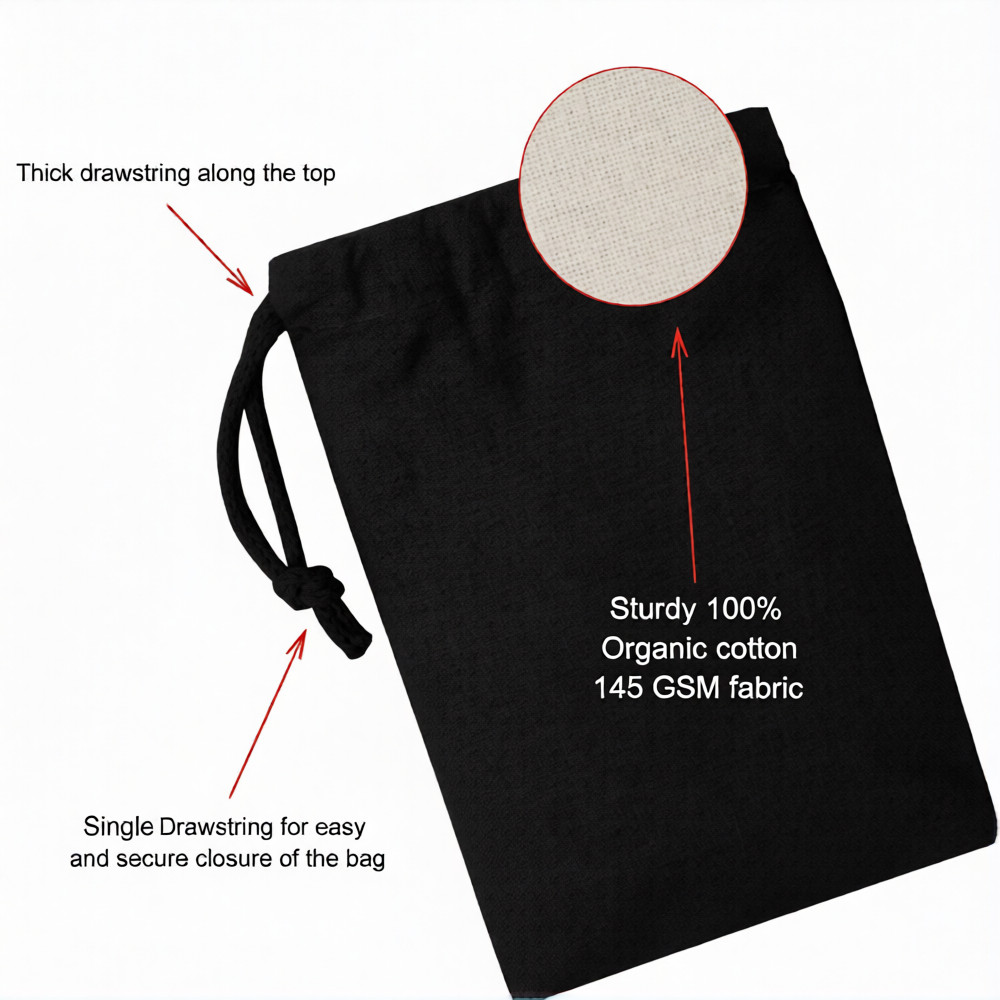 CharkaBags – 4 x 6 Inches Black Single Drawstring Reusable Washable Muslin Bags