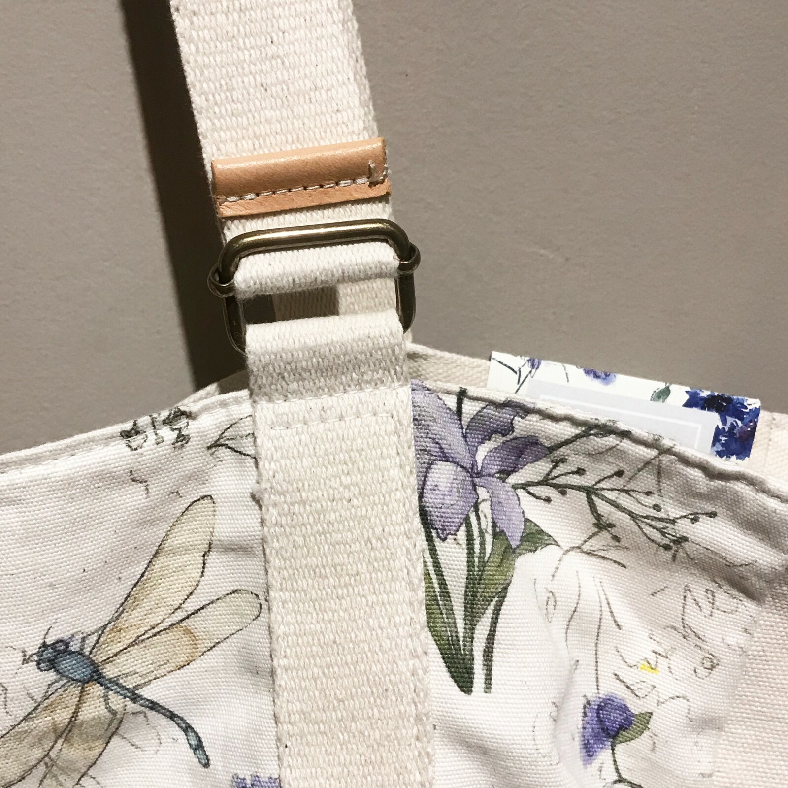 New LUZOH Gardening Tote Cotton Poly Tan Leather Trim Natural Taupe Floral 8 Pkt