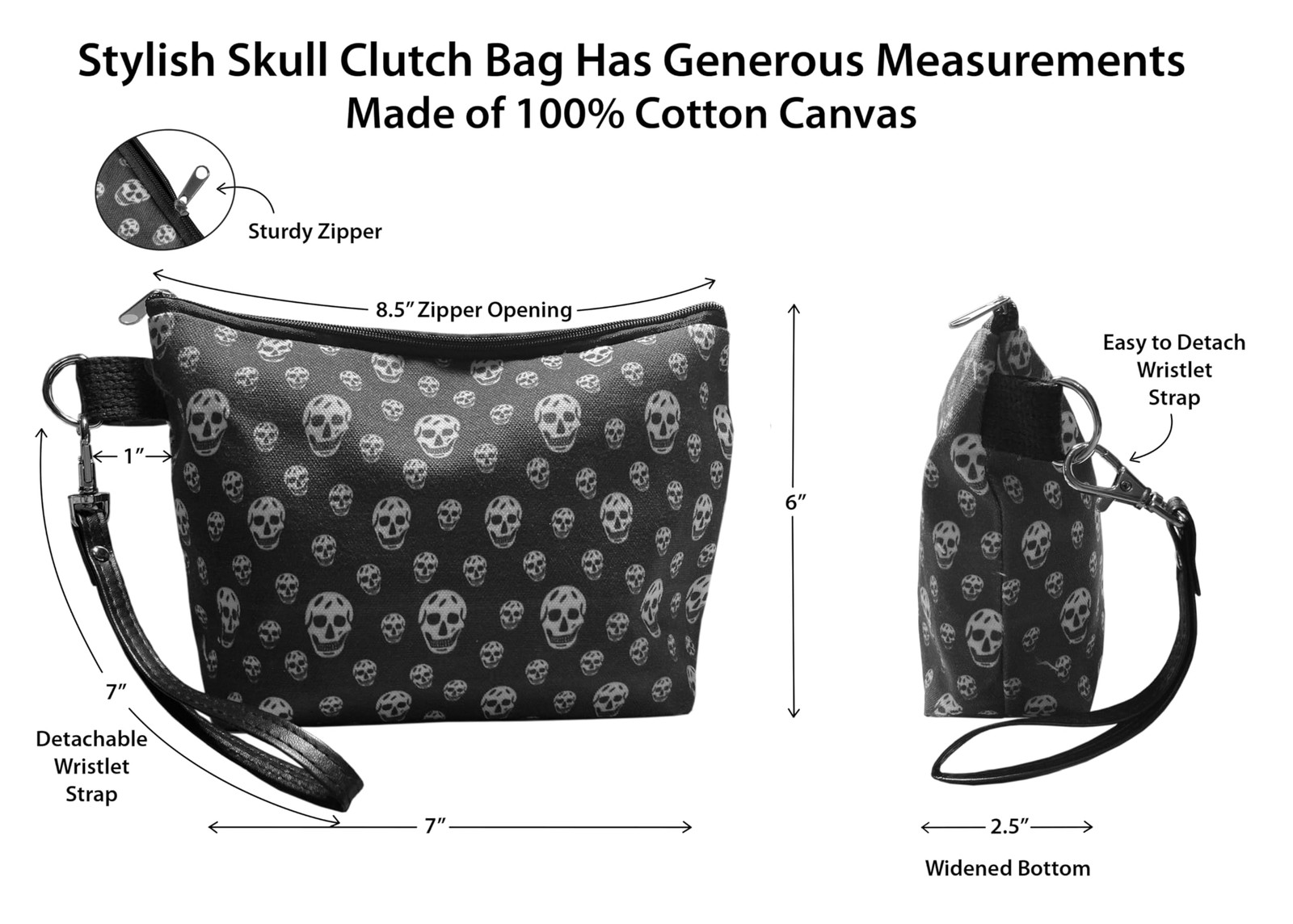 Mazeology 7 inches x 6 x 2.5 inches, Black With White Skull Print