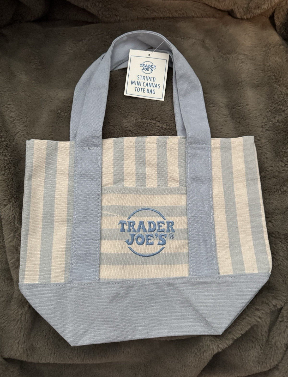 Trader Joe’s Mini Canvas Tote Bag Blue & White Striped 13x6x11 in New