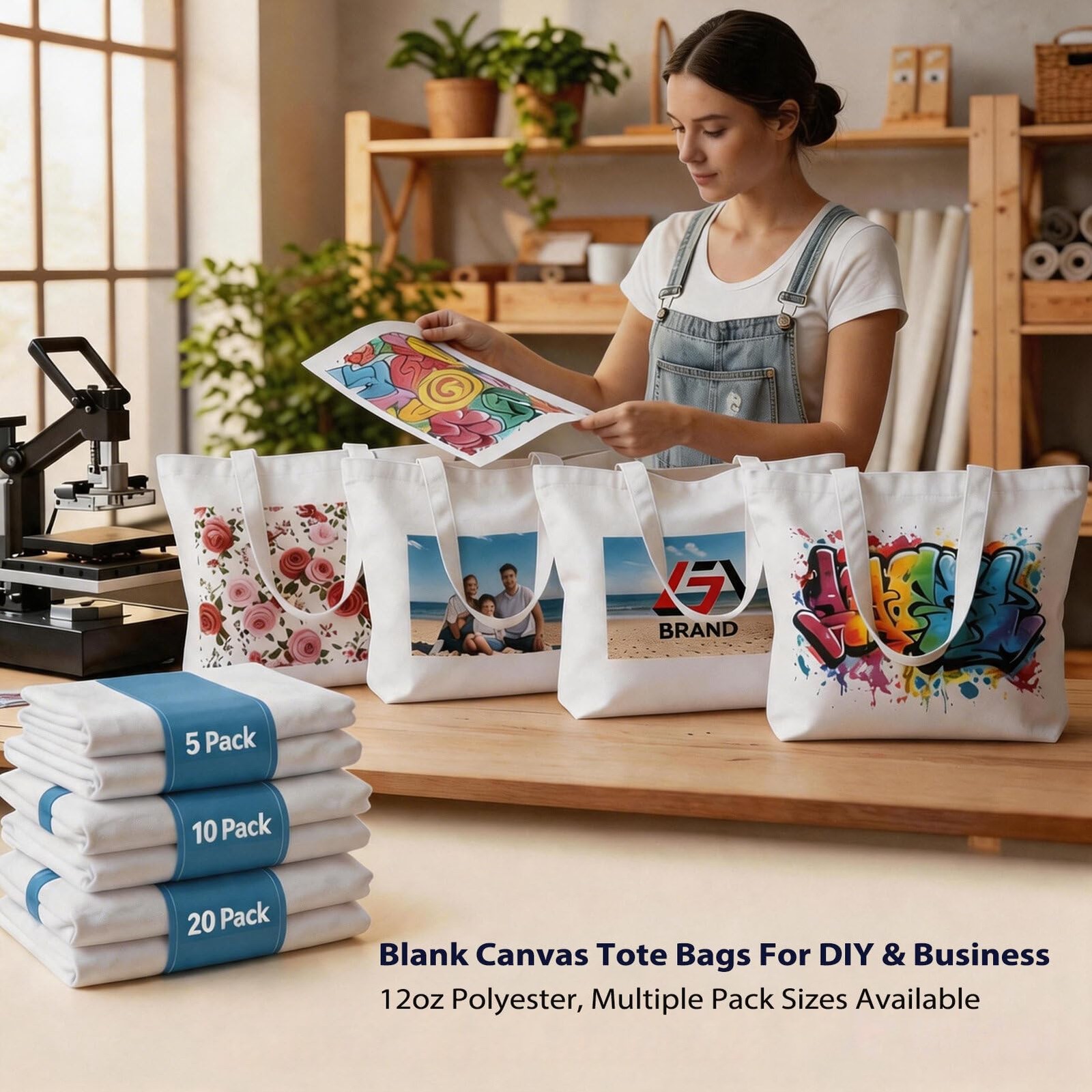 5 Pack Sublimation Tote Bags with Zipper, 12oz Heavy Duty 100% Polyester Blan…