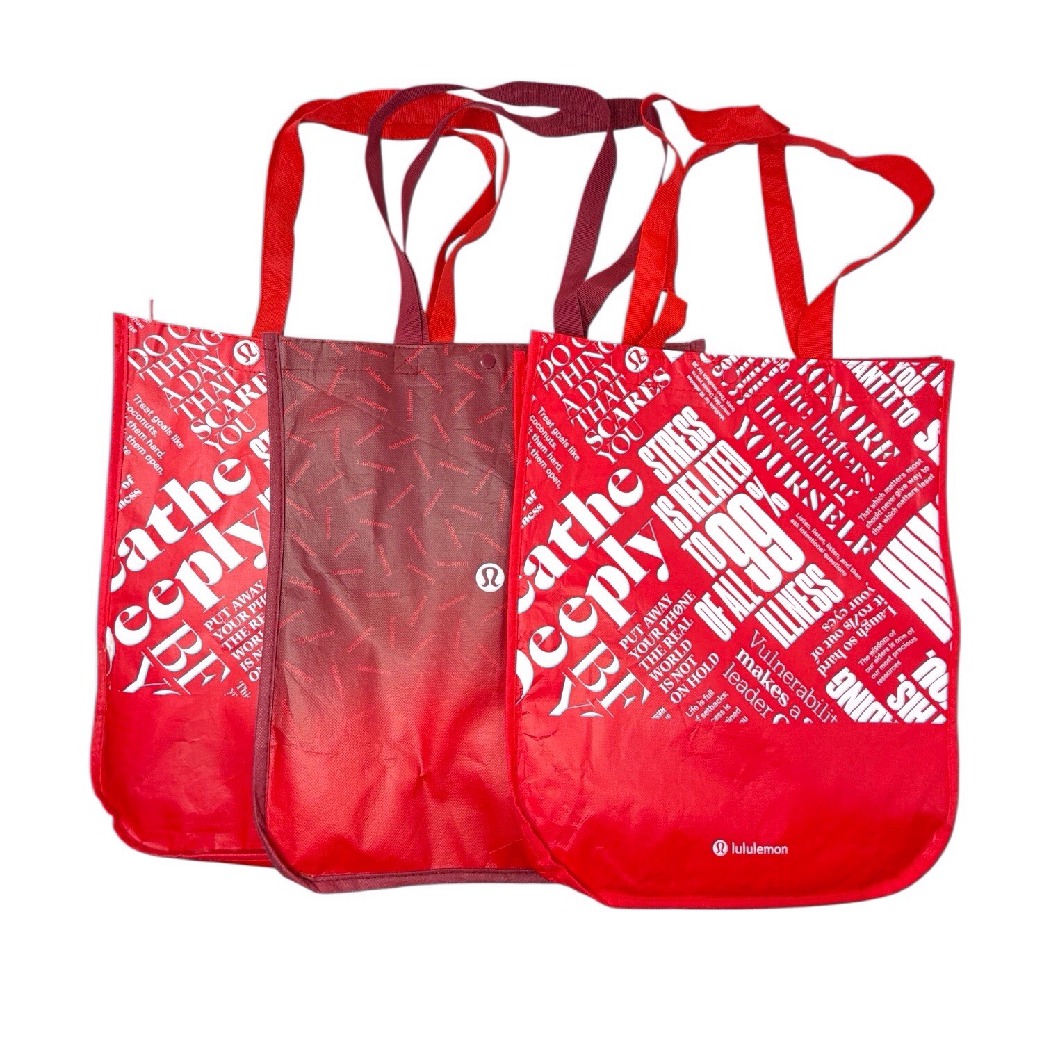 Three red and white lululemon reusable tote bags 16 x 14 inches