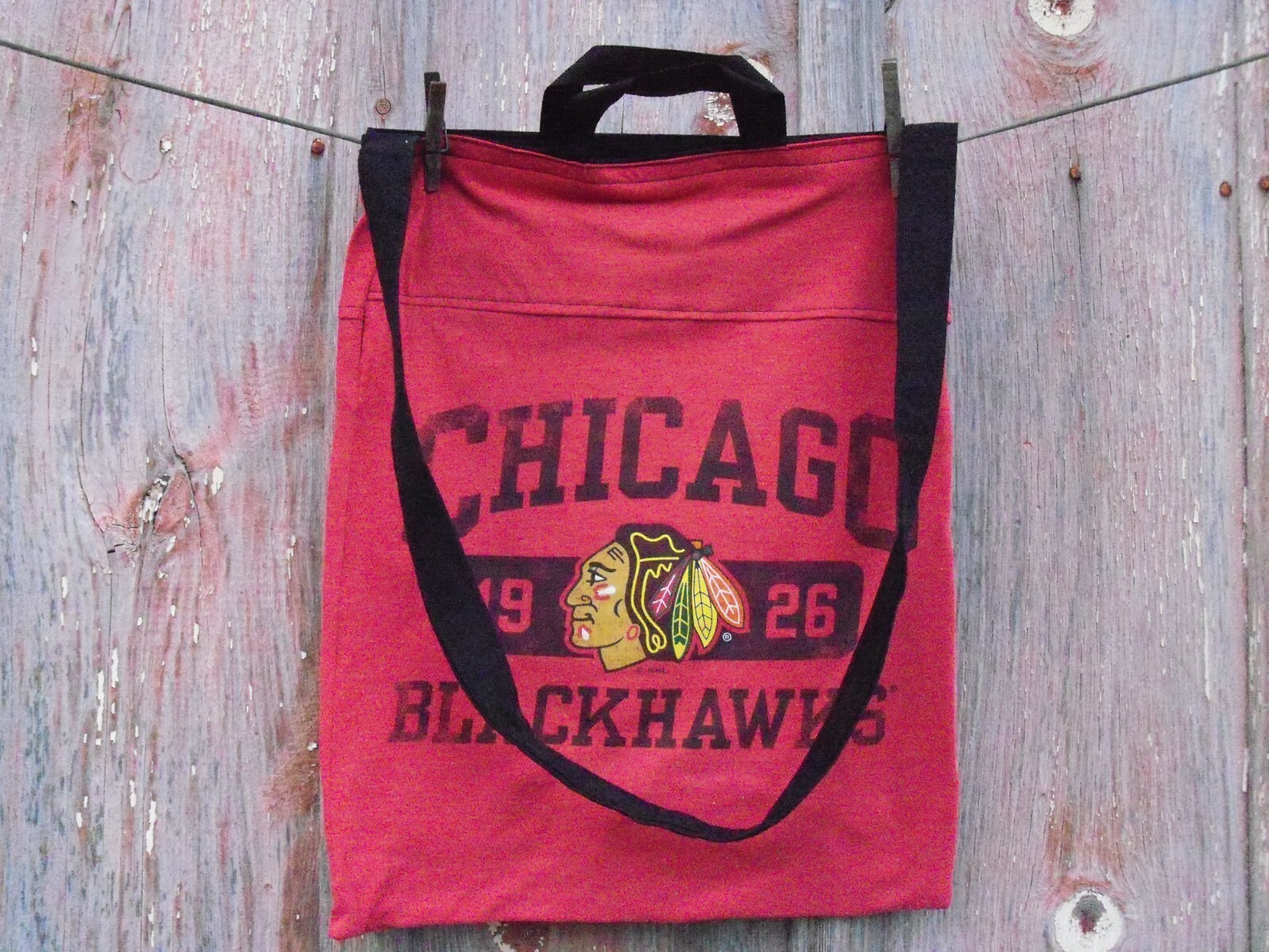 Chicago Blackhawks Recycled t-shirt Tote Bag Grocery Shopping Holiday Gift