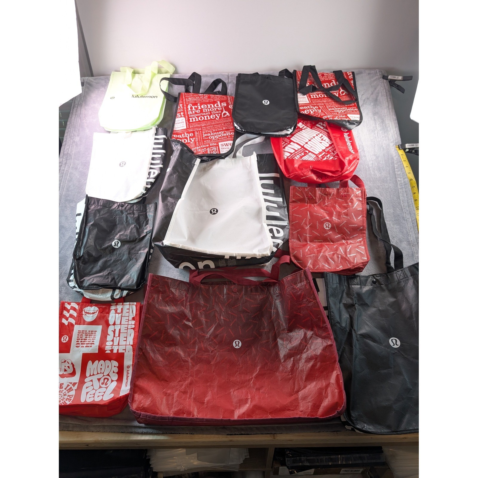 Lululemon Reusable Shopping Tote Bag Lot of 12 Red Black Lime Small Medium Large