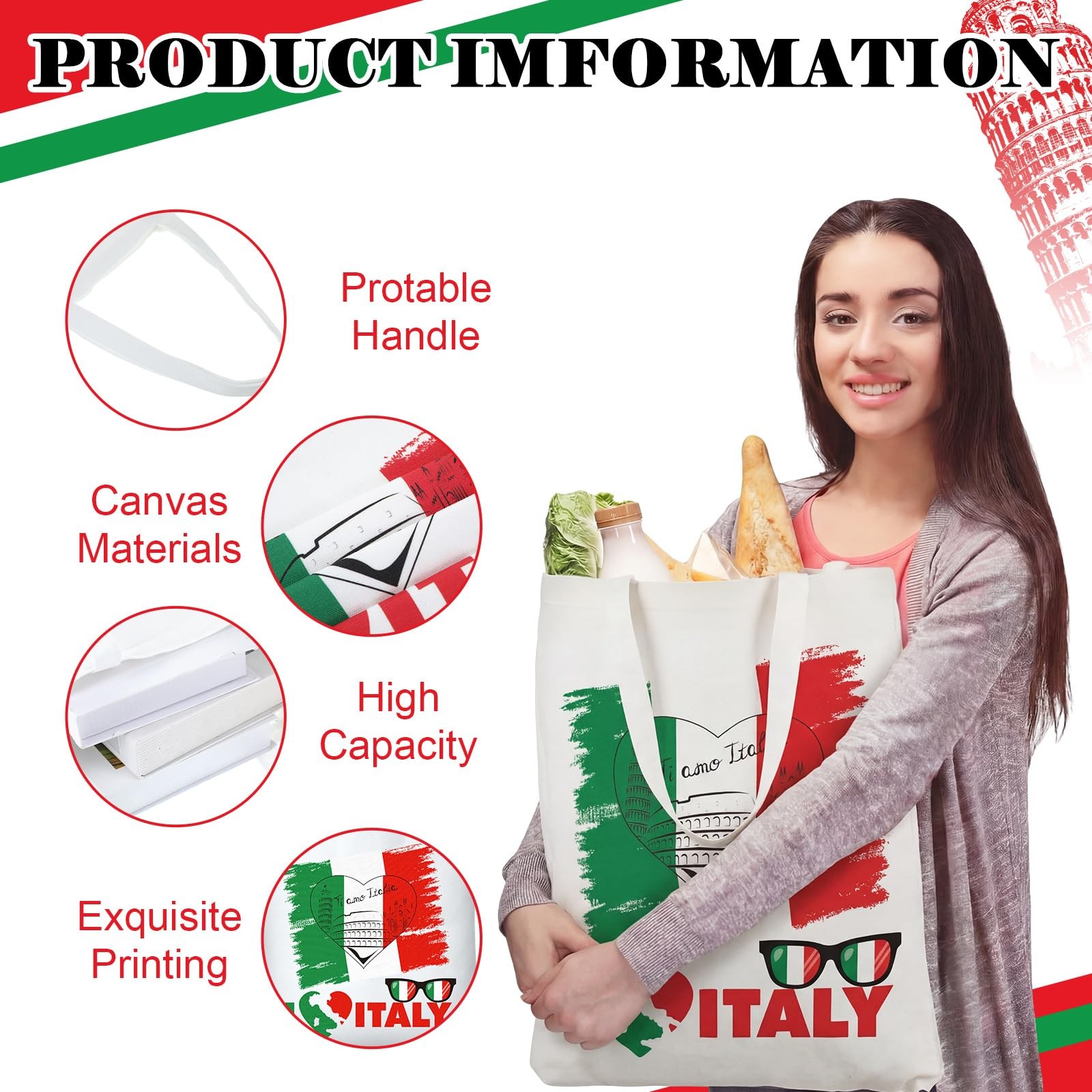 12 Pcs Italy Tote Canvas Bags Souvenir Gifts Italy Flag Red White and Green R…