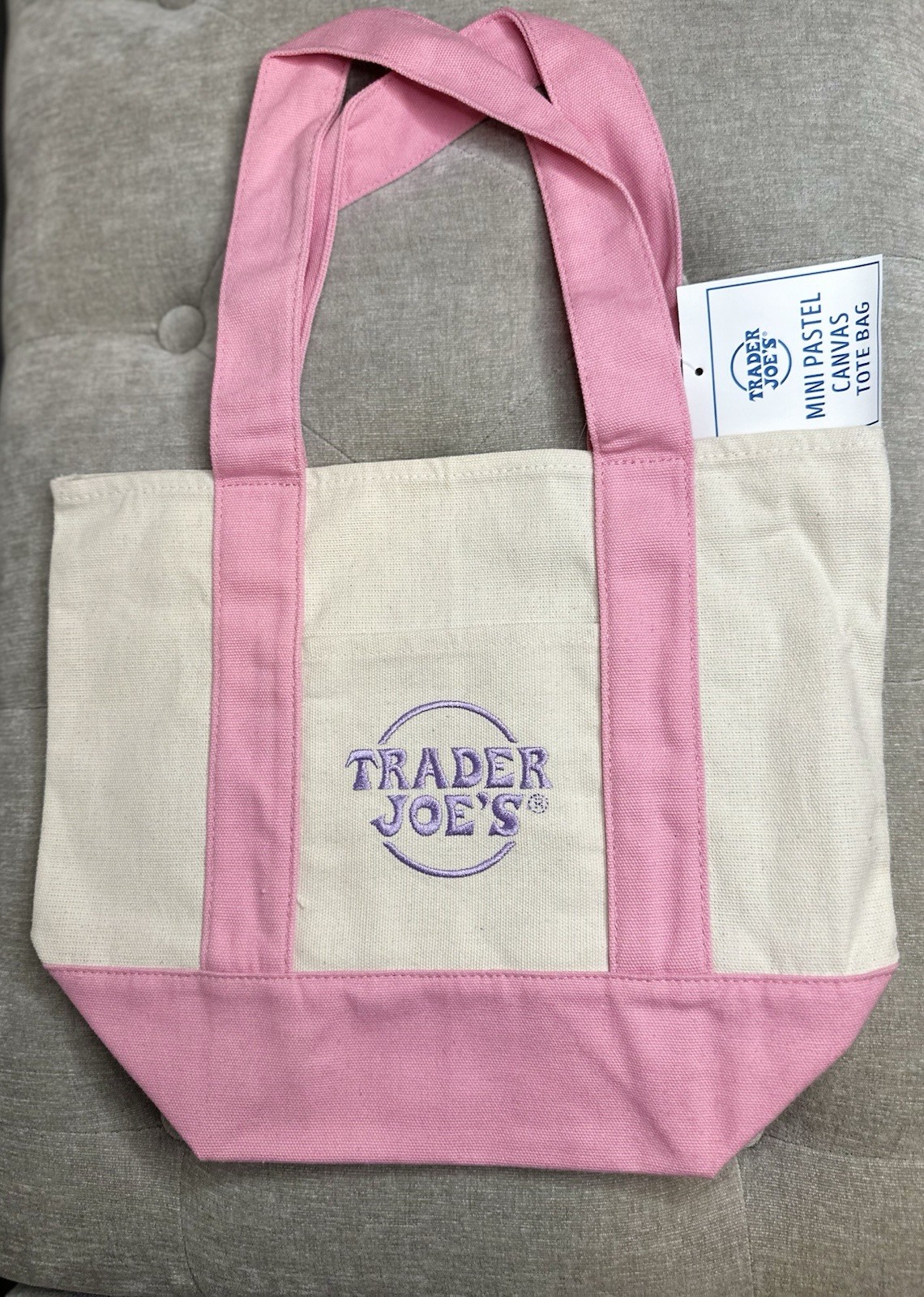 Trader Joe’s Mini Foldable Canvas Tote Bag Pink Beige Color Block