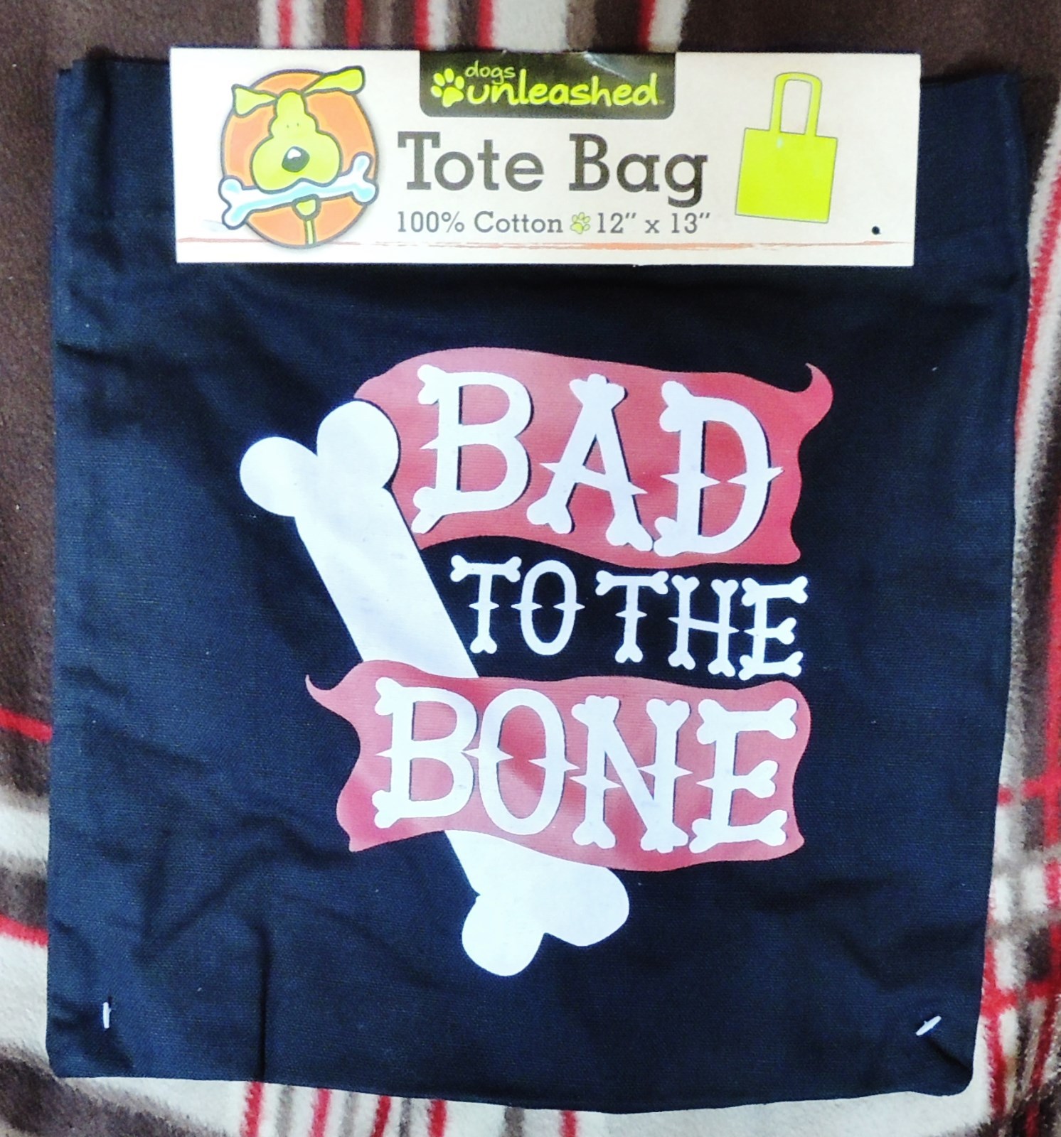 Bad To The Bone Tote Shopping Bag 100% Cotton 12″x13″ Black Red Dogs Unleashed