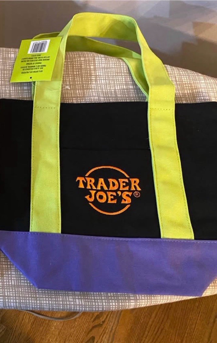 Trader Joe’s Color Block Foldable Canvas Shopping Bag Black Purple Yellow