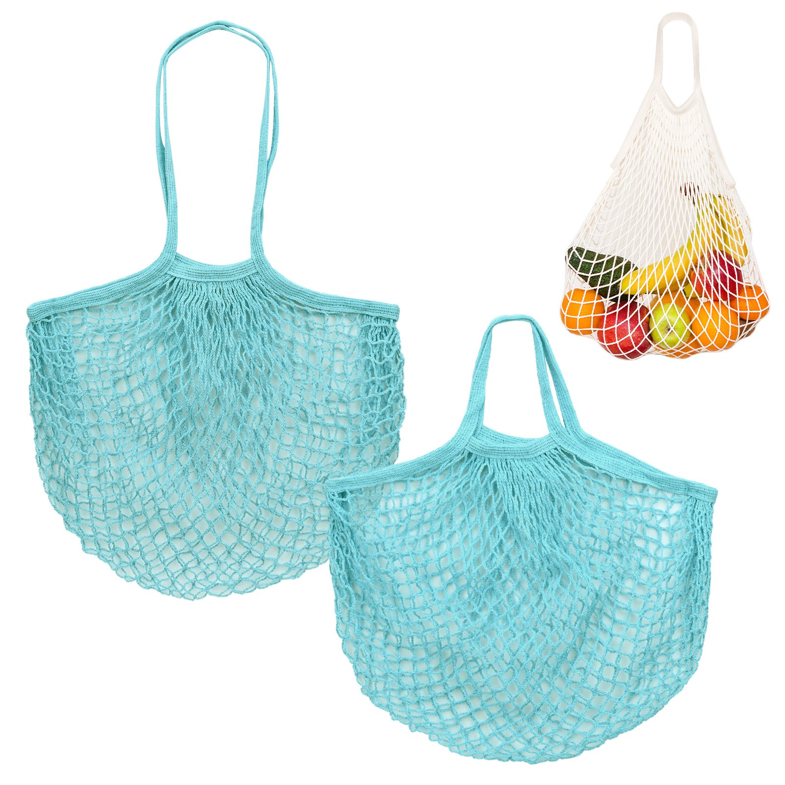 2-Pack Reusable Mesh Net String Grocery Bags [Blue-Green,Long&Short Handle]