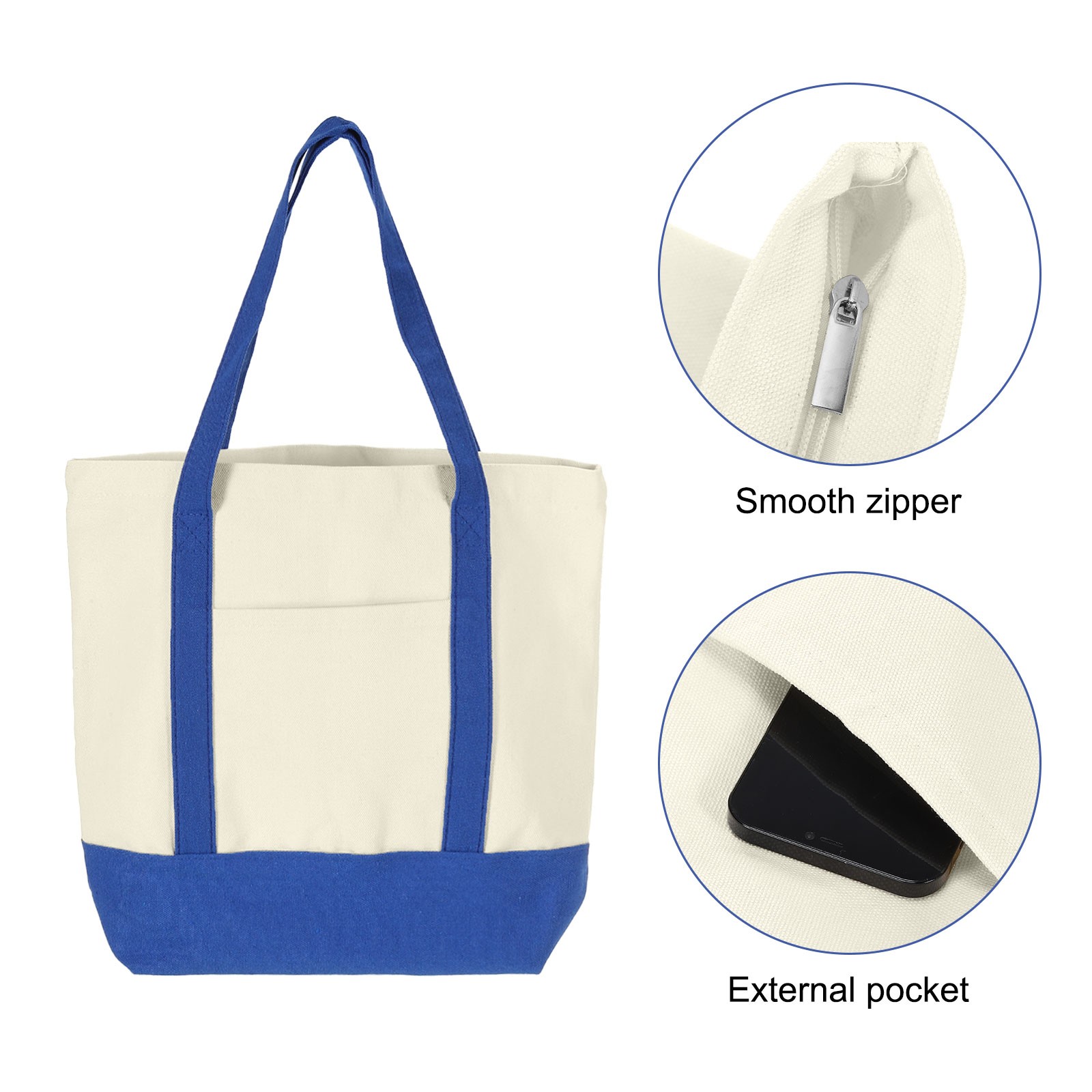 Canvas Tote Bag with Zipper 16″ x 14″ x 4″ Canvas Bag Tote Bag Blue