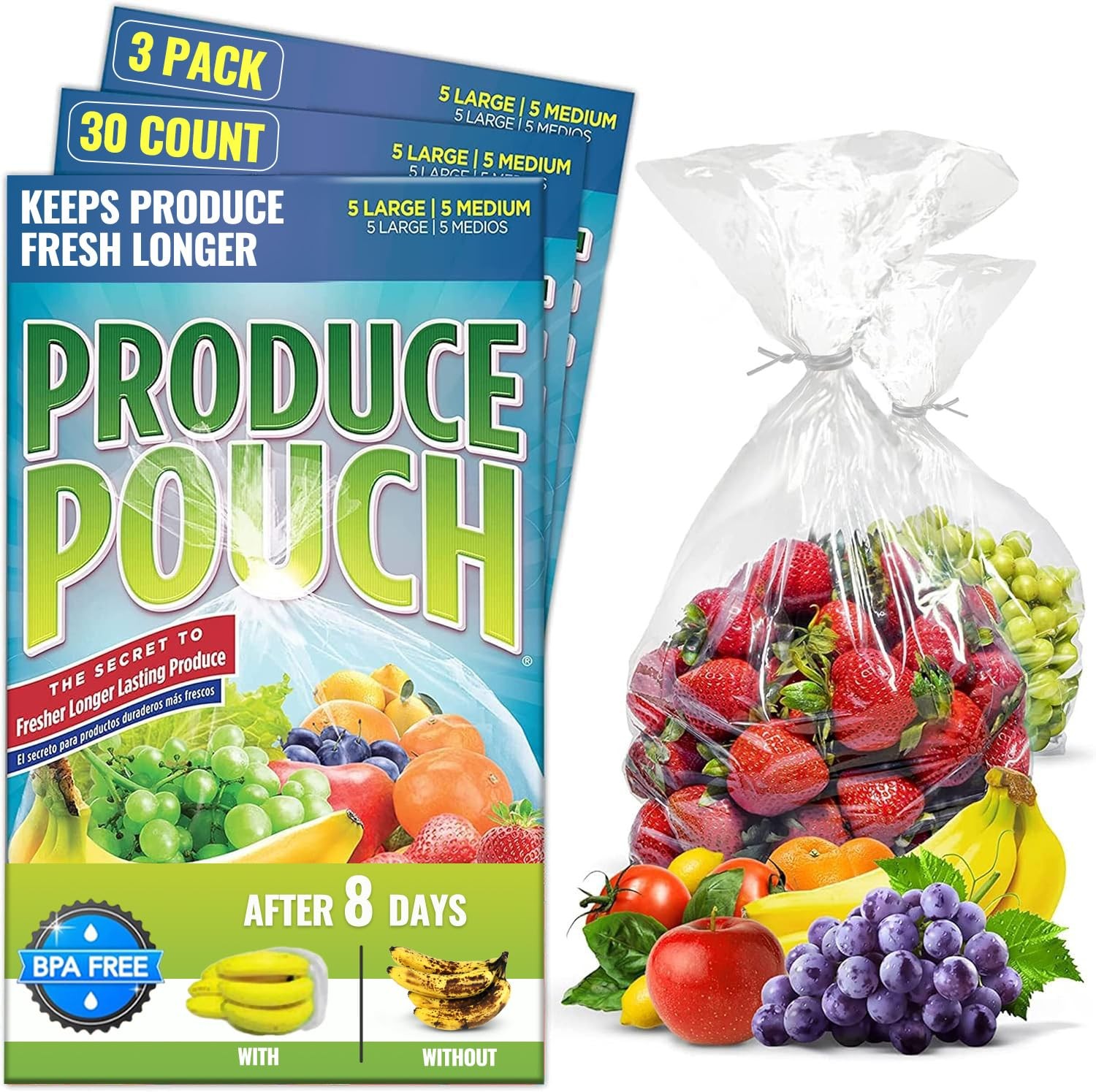 Produce Pouch 30-Pack (15M, 15L) – Extend Shelf 30 Count (Pack of 1), clear