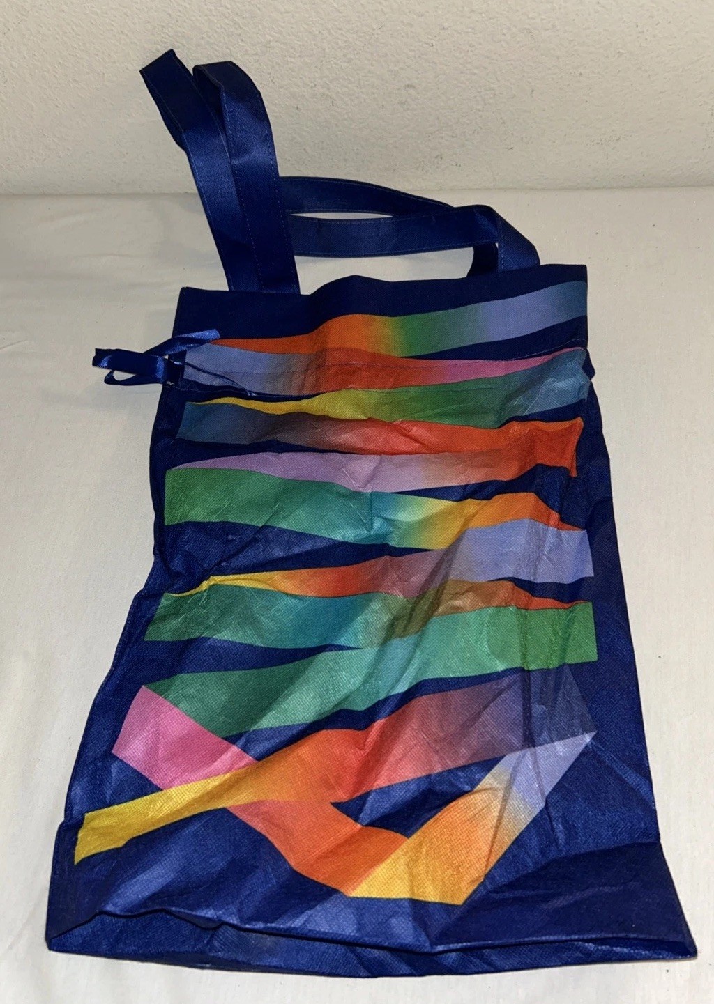 Amazon Reusable Fabric Gift Bag 13″ x 18″ Blue Multi Color Rainbow Ribbon Tote