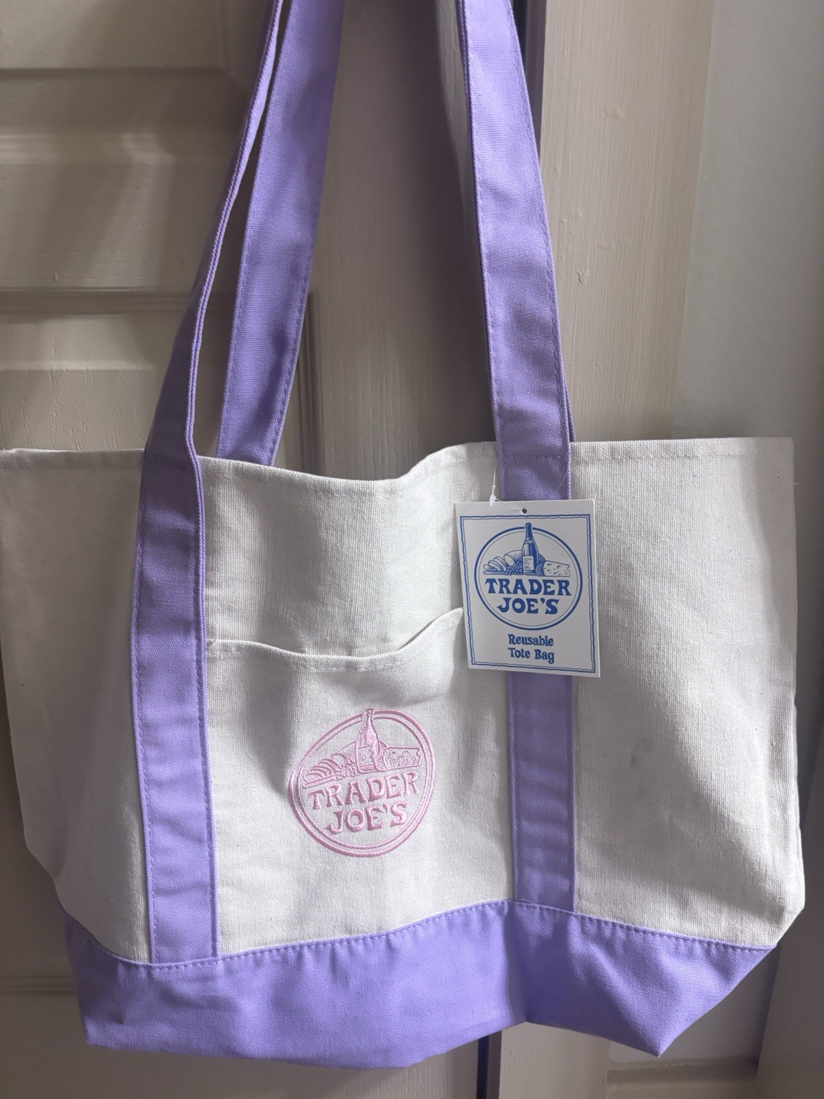 Trader Joe’s Large Reusable Canvas Tote Bag White Purple 20x6x14in Solid New