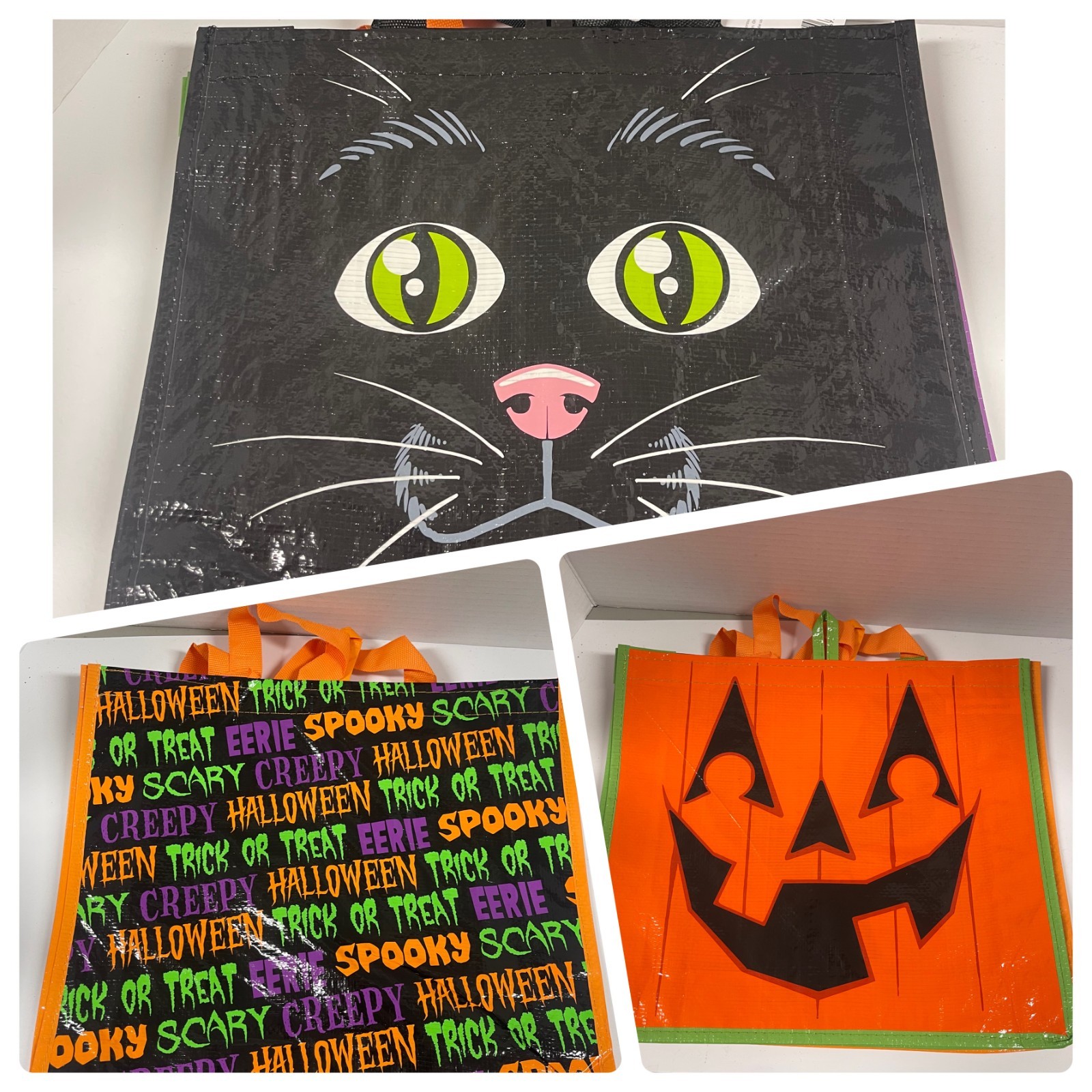 Reusable Halloween Tote Bags 12.5×14.17×3.94 In Cat, Pumpkin, Skeleton, Treat