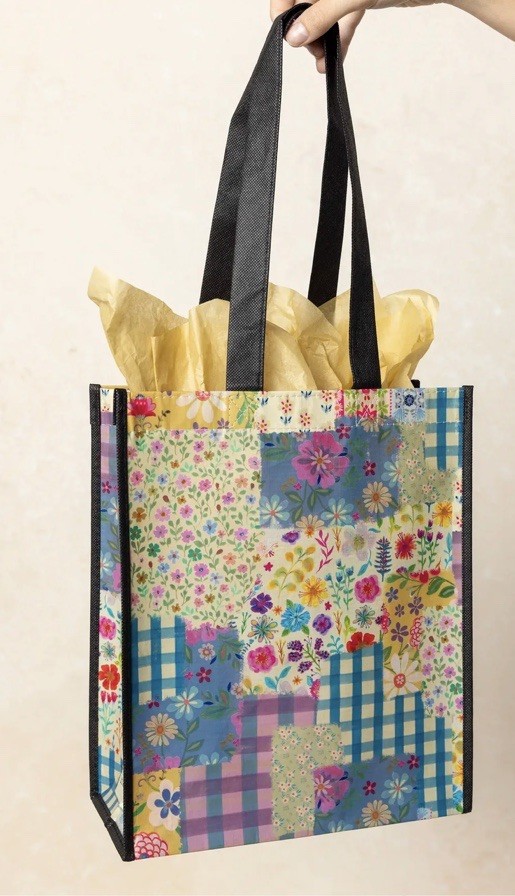 Natural Life Reusable Tote Bag, “Gingham Floral Patchwork,” NEW, Large