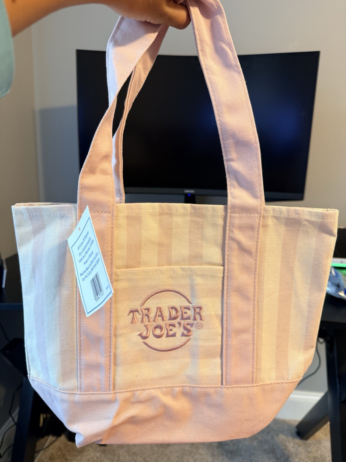 Trader Joe’s Mini Striped Canvas Tote Bag Pink/White 13x11x6 in New