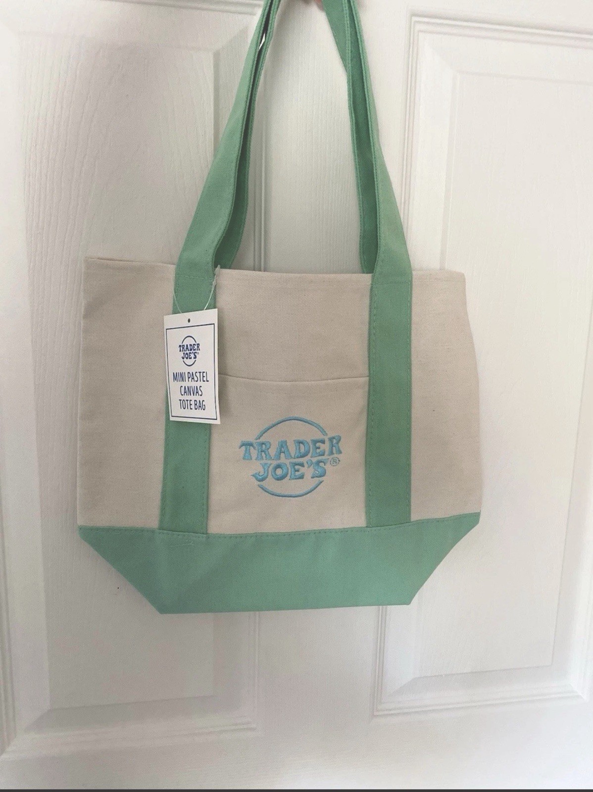 Trader Joe’s Mini Canvas Tote Bag Beige Green Small Solid Reusable