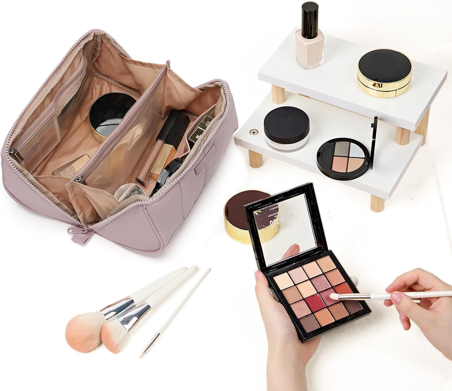 Travel Makeup Bag Women Fluffy & Lightweight Open Flat Cosmetic Organizer W/